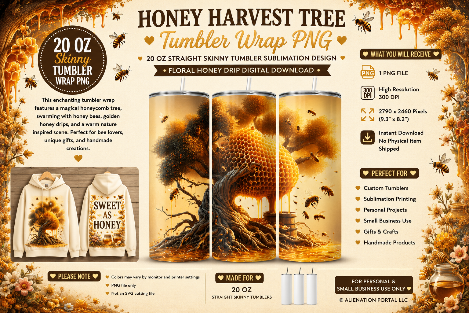 Golden Nectar Tree Tumbler Wrap PNG | Honey Bee Fantasy Forest 20oz Skinny Sublimation Artwork | Instant Digital Download