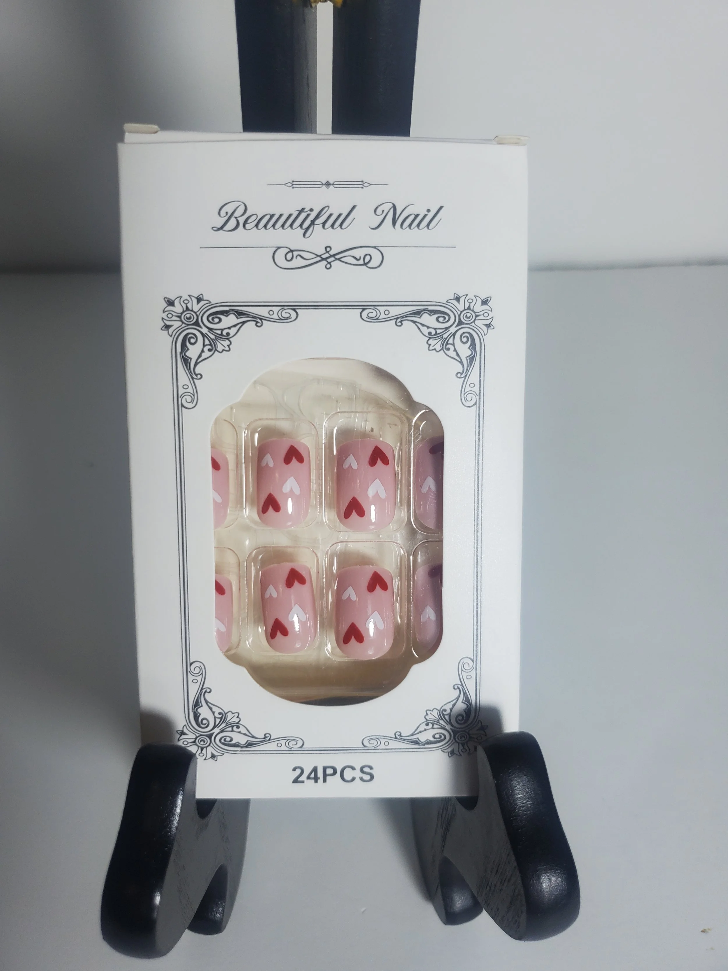 New 24 Piece Pink And White Hearts Nails Beautiful Nail Press Ons Medium