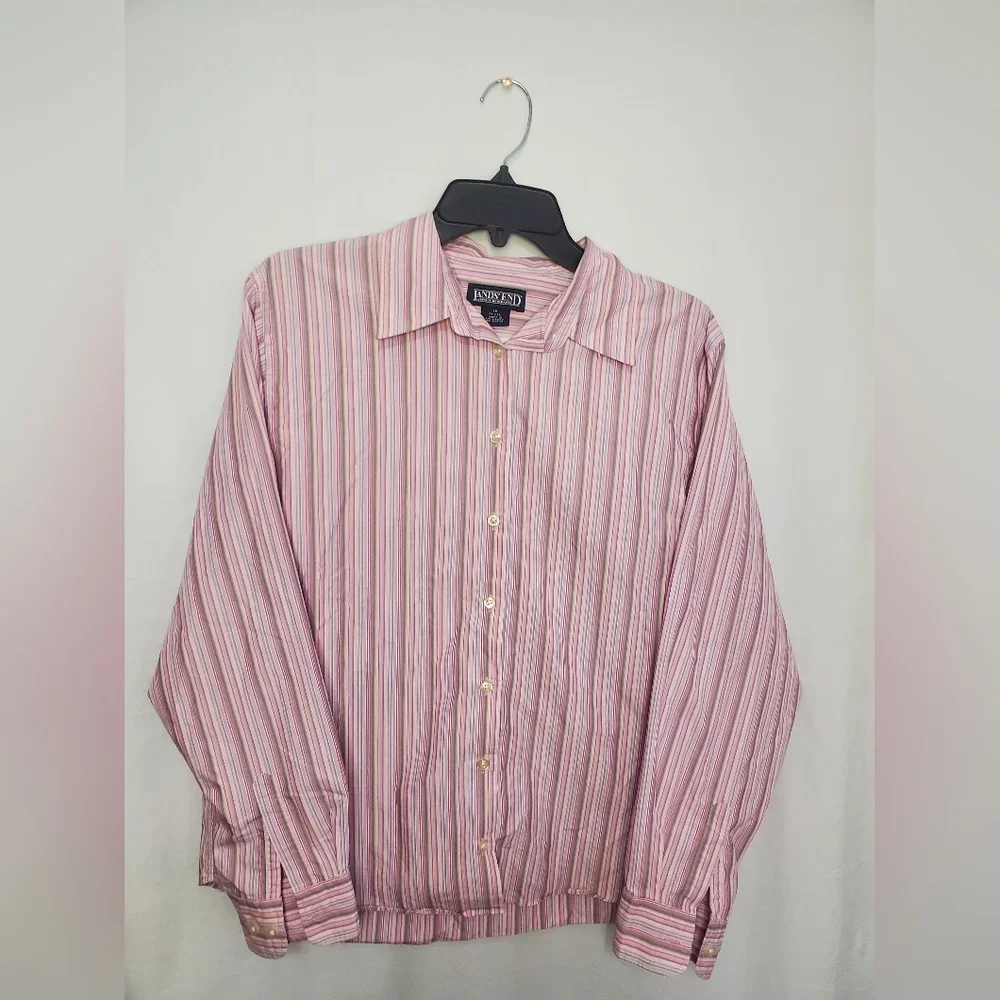 Pre-Owned Women’s Lands End Pink And Purple Strips Button Down Long Sleeve Shirt Size 16 Petite