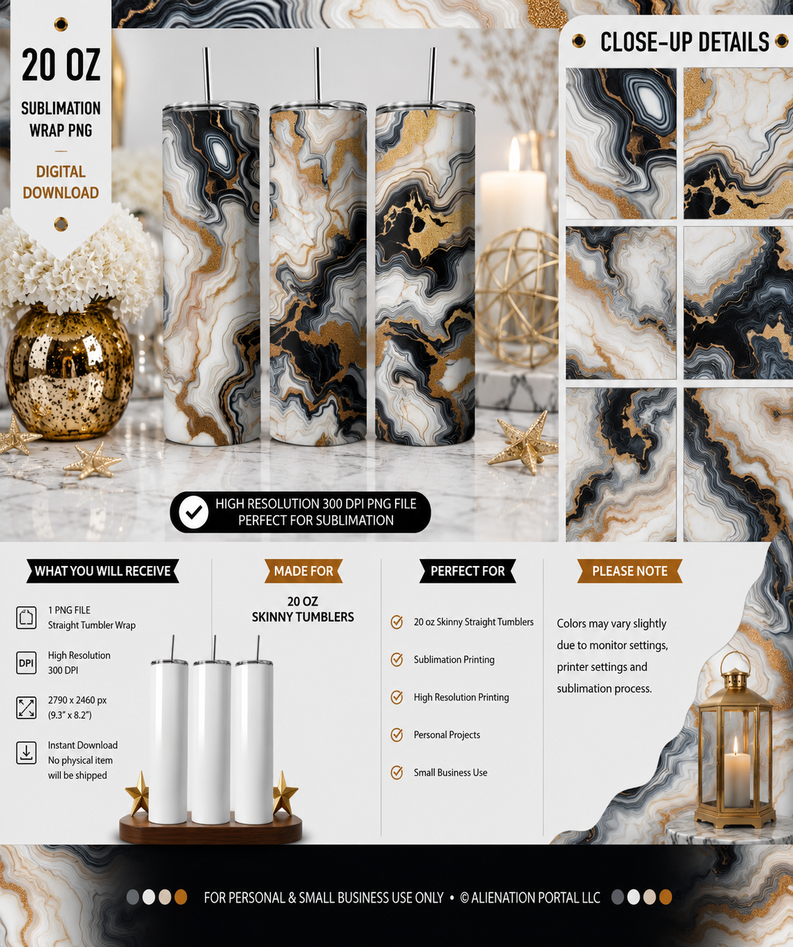 Gilded Midnight Vein Tumbler Wrap PNG  Black Ivory Gold Agate Marble 20 oz Skinny Sublimation