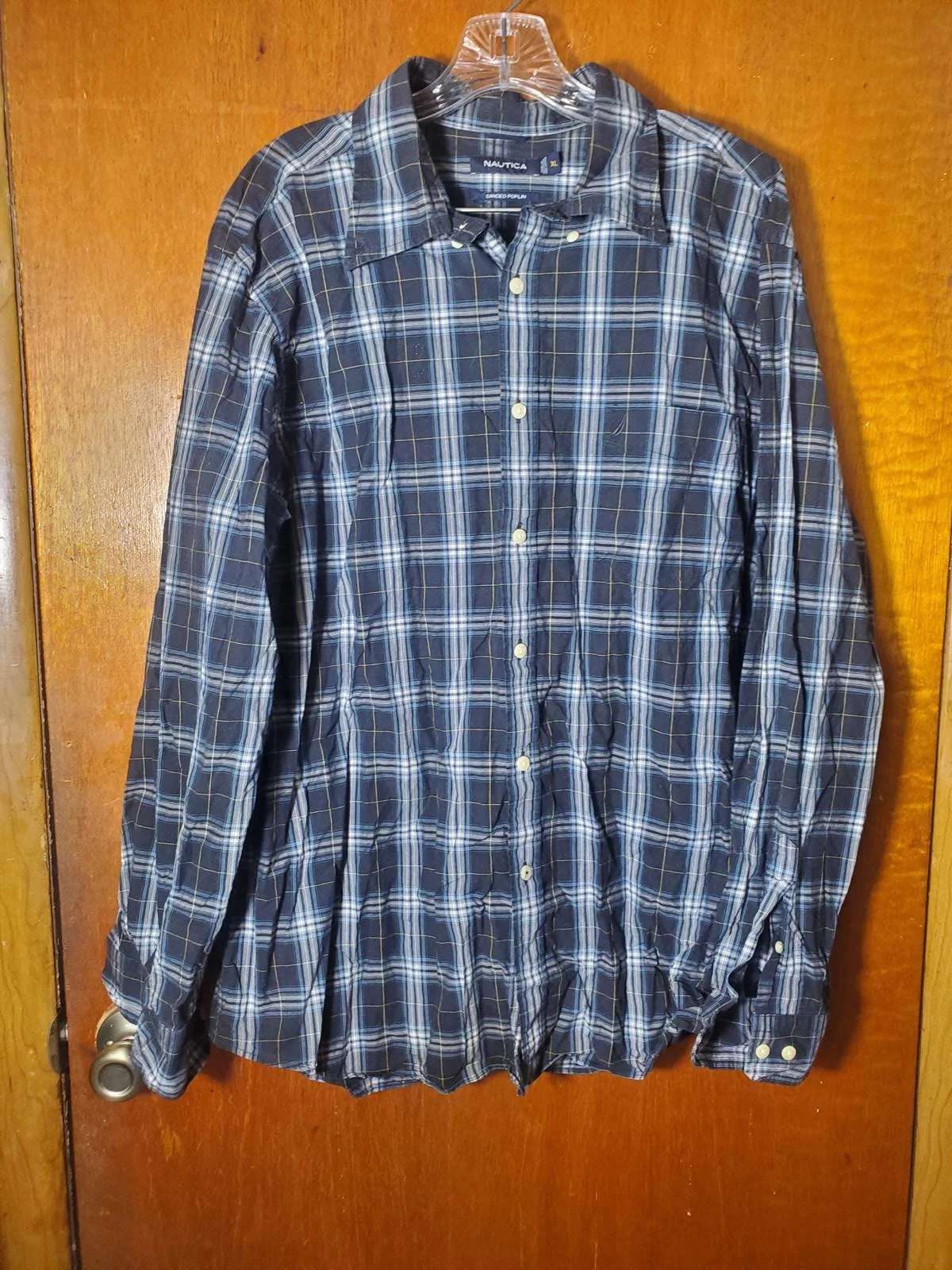 Pre-Owned Men's Nautica Blue & White Plaid Pattern Long Sleeve Button Down Size XL