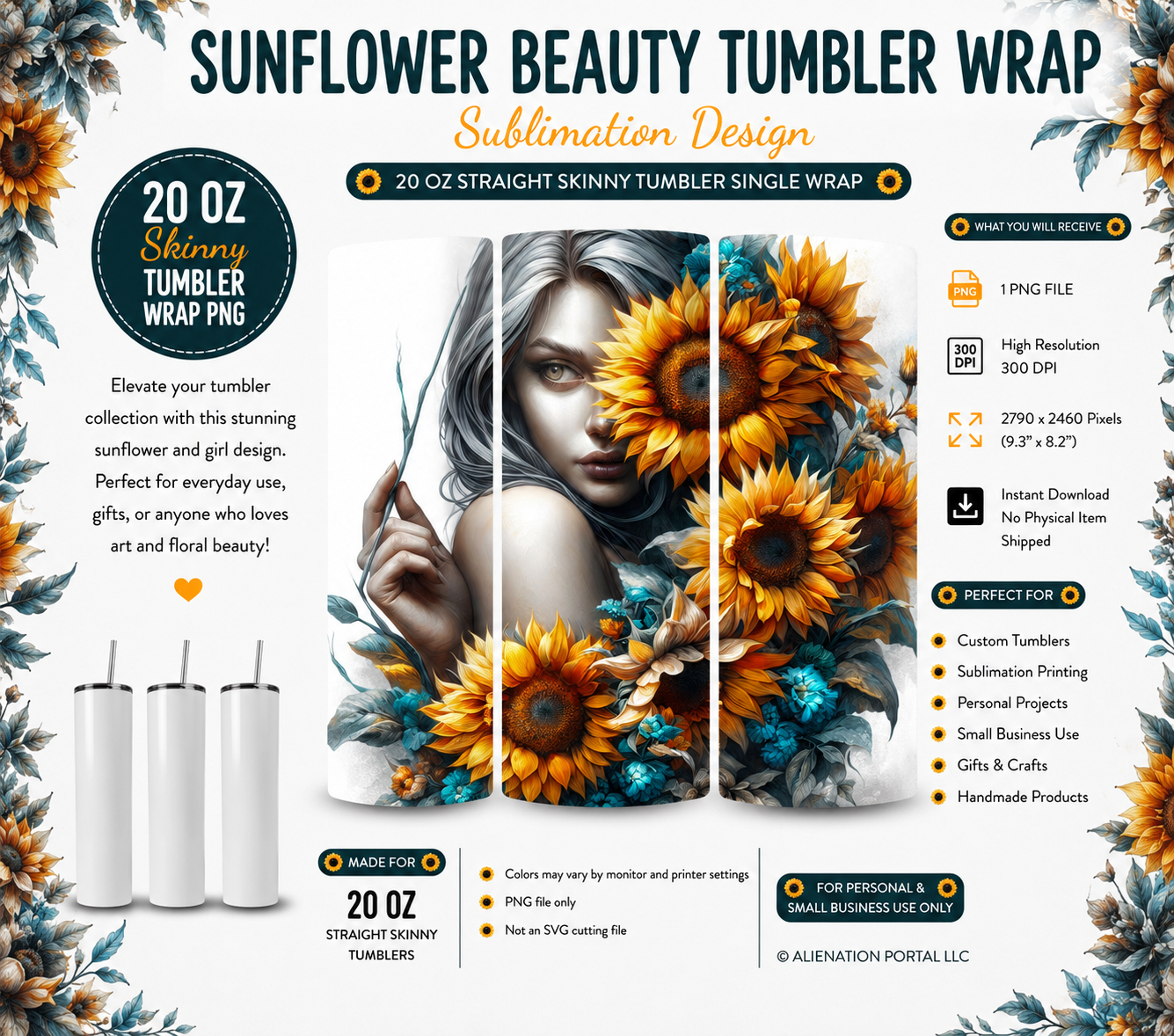 Sunflower Veil Portrait Tumbler Wrap PNG, 20oz Skinny Sublimation Design, Moody Floral Woman Art Cup Wrap, Instant Digital Download