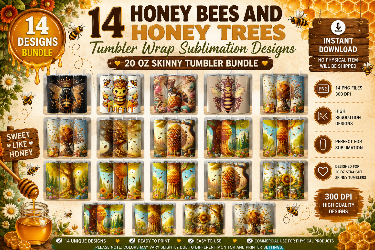14 Bee & Honey Tree Forest Designs Enchanted Honey Grove Tumbler Wrap Bundle PNG | 20oz Skinny Sublimation Collection