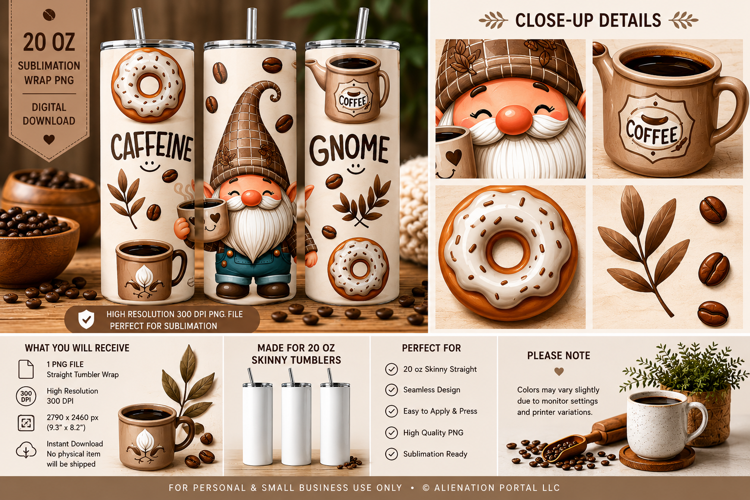 Cute Coffee Gnome Tumbler Wrap PNG  20 oz Skinny Sublimation Design  Cozy Coffee Lover Digital Download