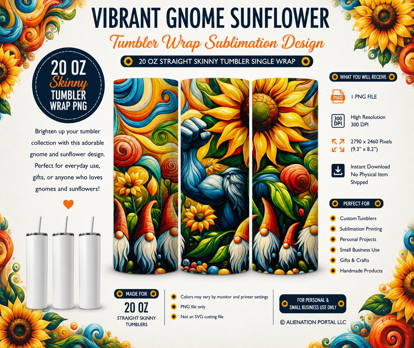 Golden Meadow Whimsy Gnome Tumbler Wrap PNG, 20oz Skinny Sublimation Design, Vibrant Sunflower Swirl Gnome Cup Wrap, Instant Digital Download