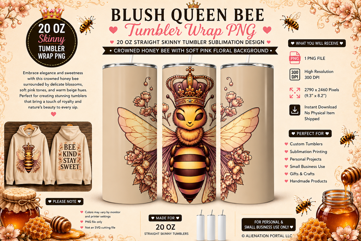 Honey Bee Harmony Tumbler Wrap PNG Elegant Bee Collection on Warm Beige Background 20oz Skinny Sublimation Design.png