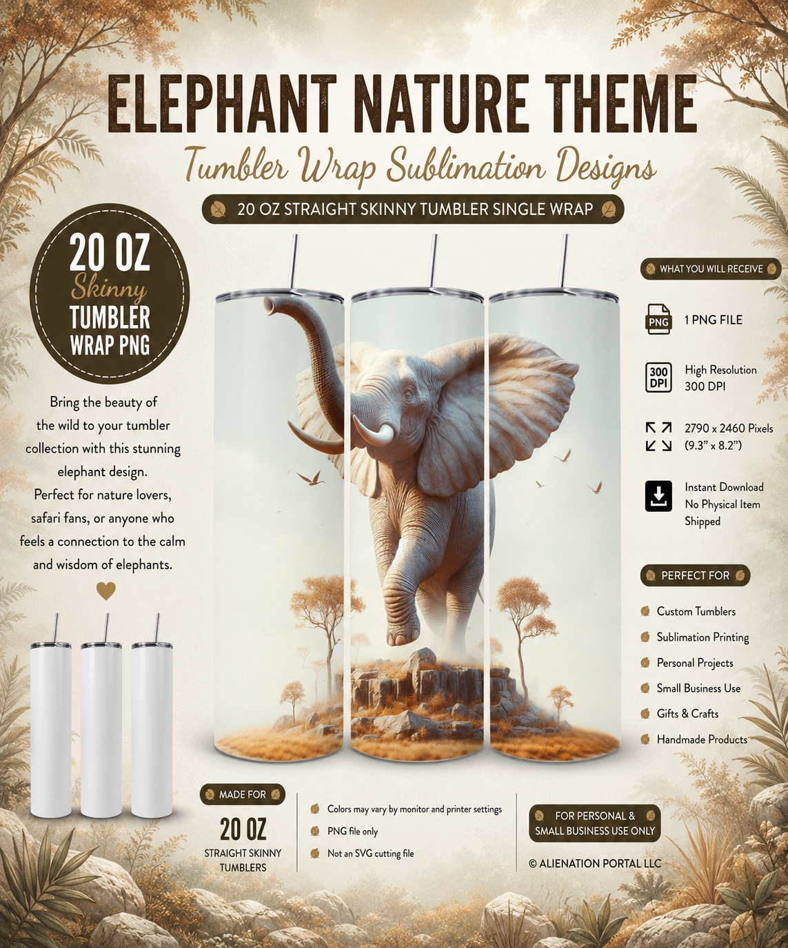 Graceful Safari Elephant Sublimation Wrap – 20 Oz Skinny Tumbler PNG, Soft Neutral Wildlife Design, Instant Download