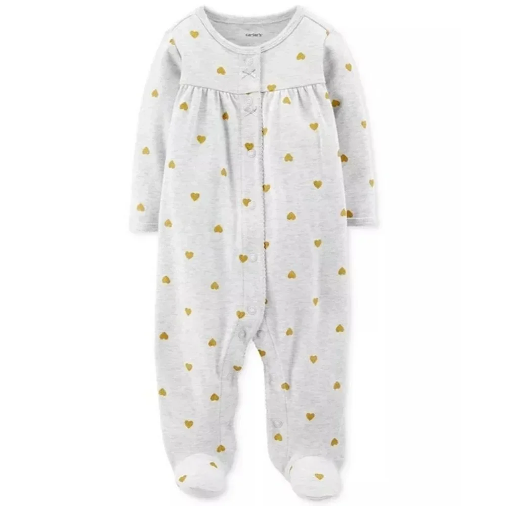 New Baby Girls Heart-Print Footed Cotton Coverall Size 9 Months