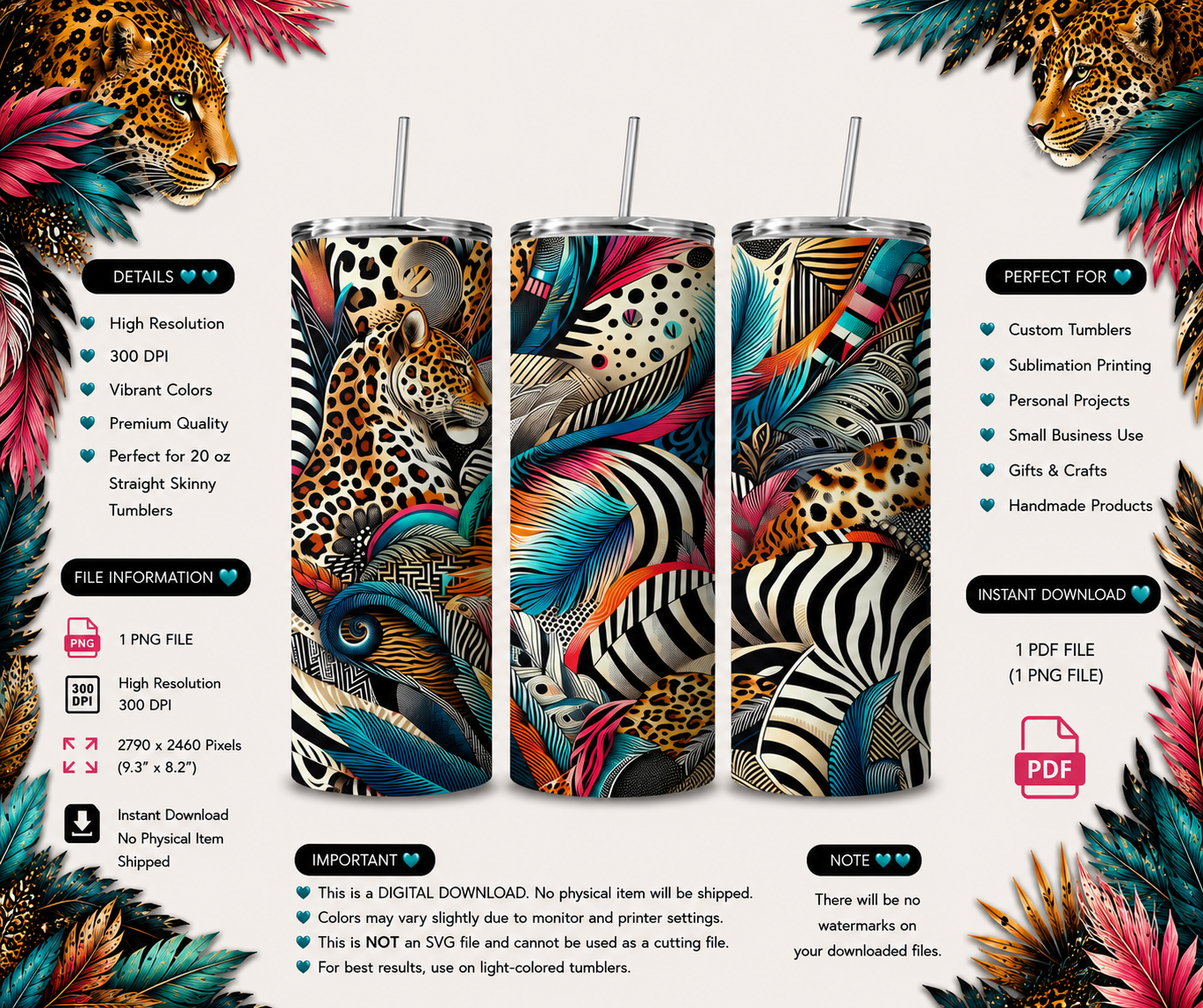 Neon Safari Feather Fusion Wrap 20 Oz Skinny Tumbler PNG.png