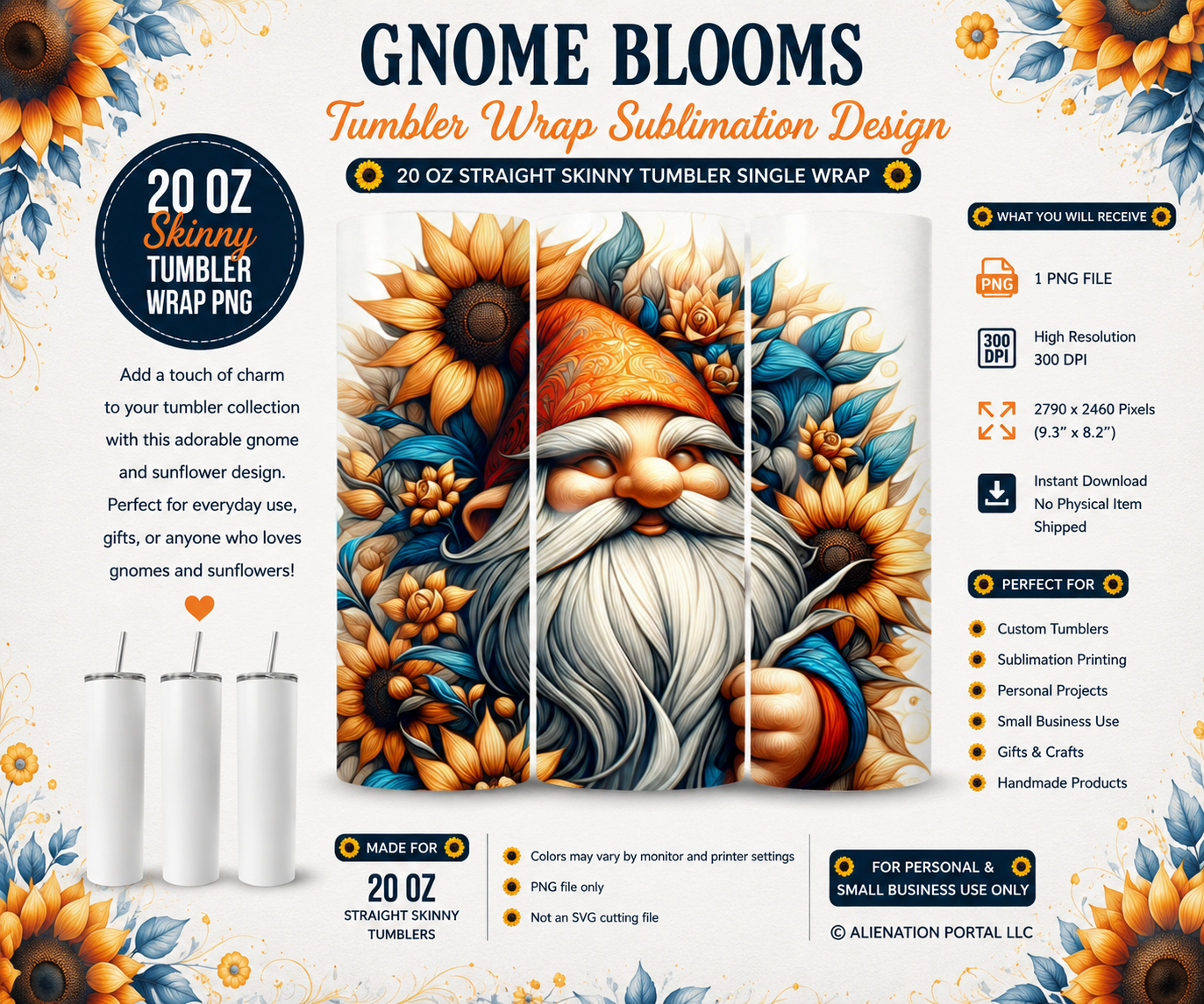 Golden Petals Woodland Gnome Tumbler Wrap PNG, 20oz Skinny Sublimation Design, Cozy Sunflower Garden Gnome Cup Wrap, Instant Digital Download