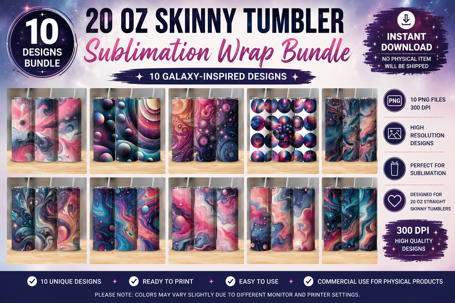 10 Cosmic Galaxy Tumbler Wrap Bundle PNG | 20 Oz Skinny Sublimation Designs | Space Nebula Tumbler Wraps | Instant Digital Download