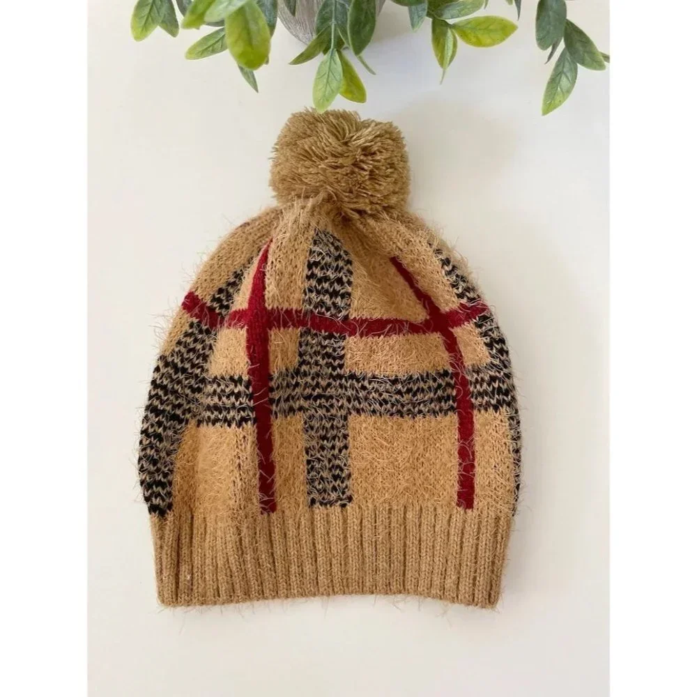 New Soft Fuzzy Knit Plaid Beanie With Pom