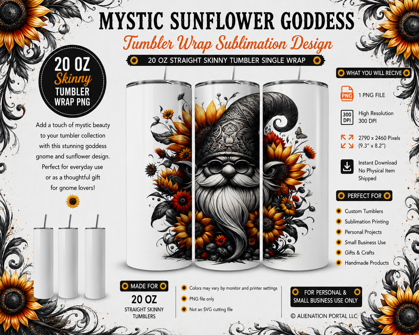 Midnight Sunflower Gnome Tumbler Wrap PNG, 20oz Skinny Sublimation Design, Gothic Floral Gnome Tumbler Wrap, Instant Digital Download