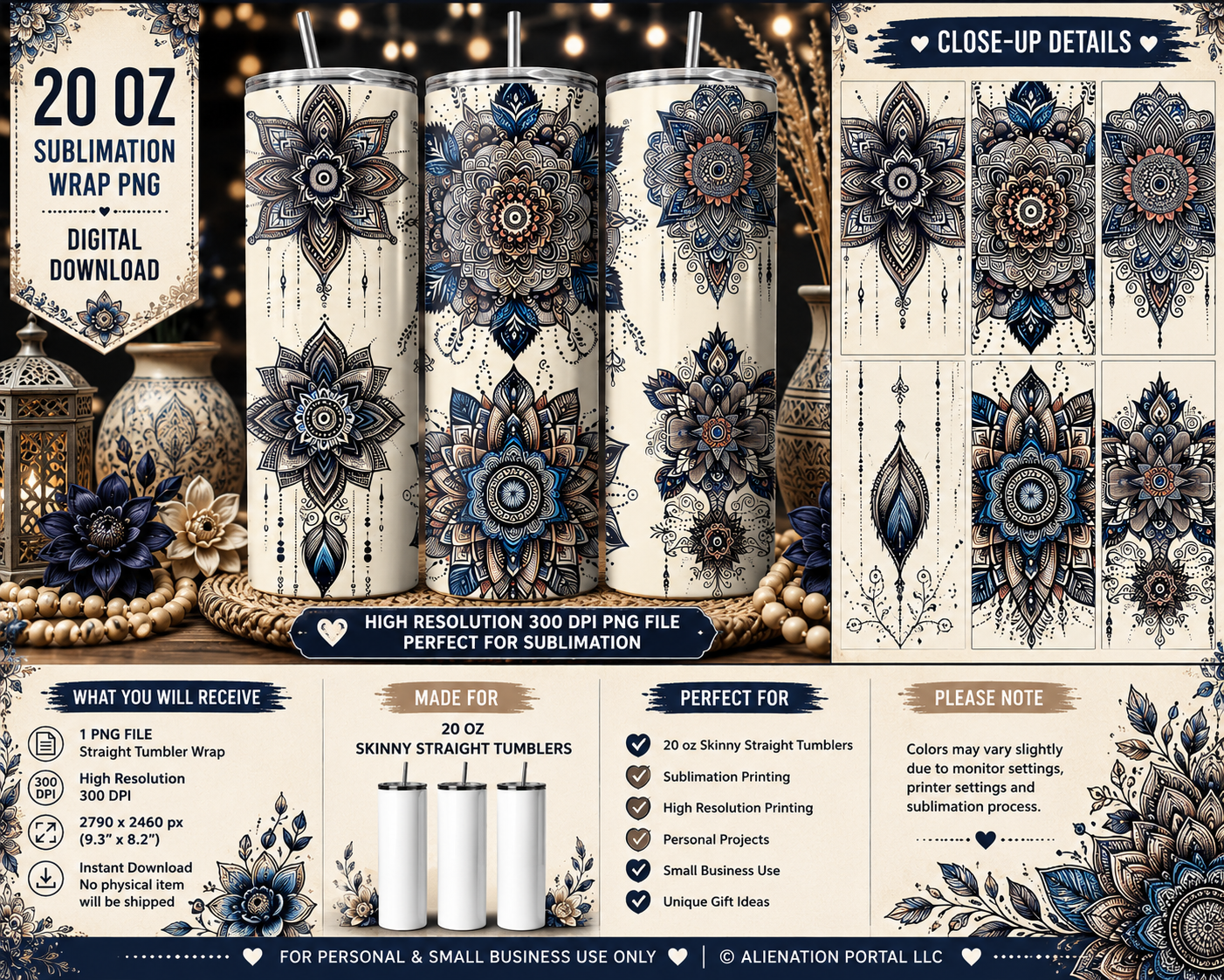 Navy Blue Mandala Tumbler Wrap PNG | 20 oz Skinny Straight Sublimation Design | Boho Floral Tumbler Wrap | Digital Download