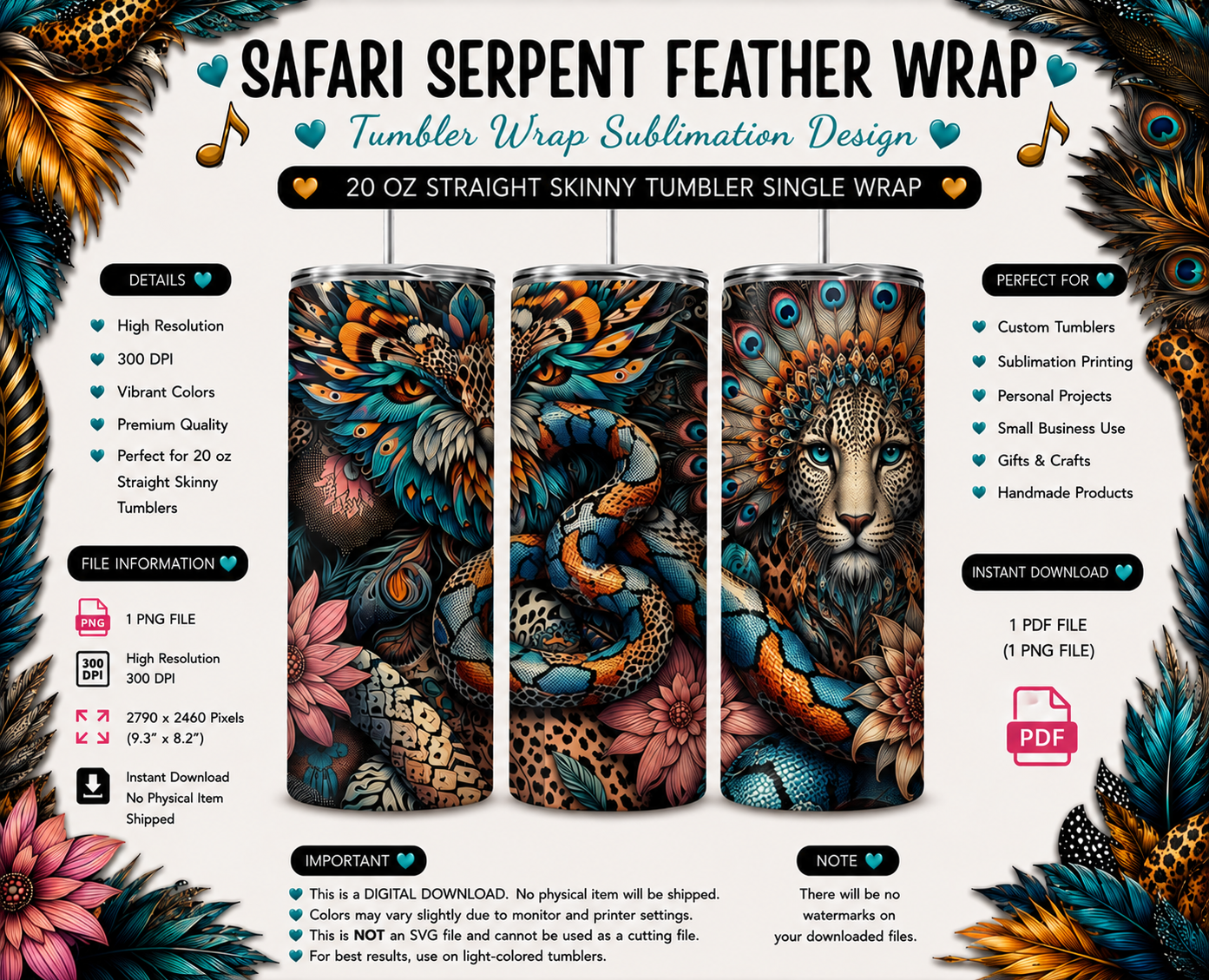 Enchanted Safari Snake Wrap PNG | 20 Oz Skinny Tumbler Sublimation