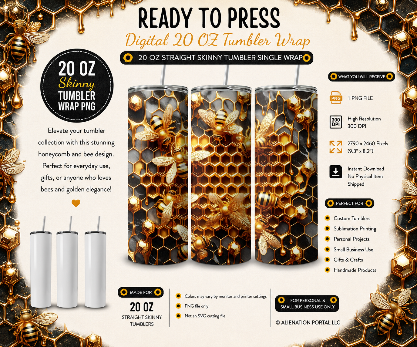 Molten Gold Honeycomb Bee Tumbler Wrap PNG, Luxury Black Marble Hive Sublimation Design, Glowing Honey Drip 20 Oz Skinny Tumbler Digital Download