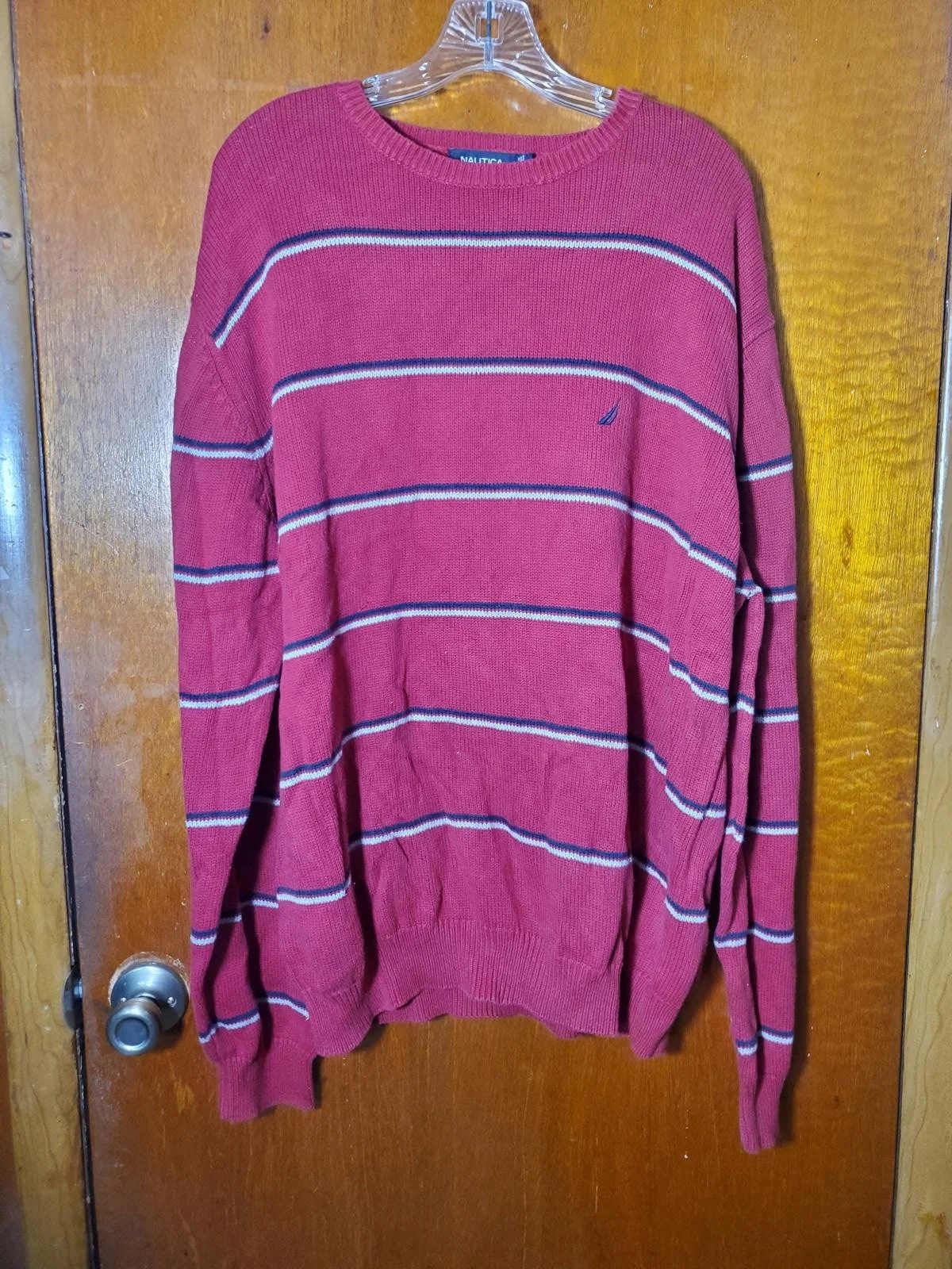 Pre-Owned Men's Red Nautica Crewneck Sweater With Navy Blue & White Stripes Size XL
