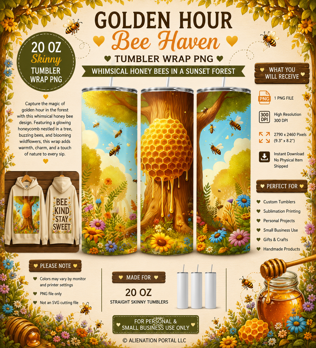 Honeycomb Haven Tumbler Wrap PNG | Anime Bees Around a Golden Tree Hive | 20oz Skinny Sublimation Design