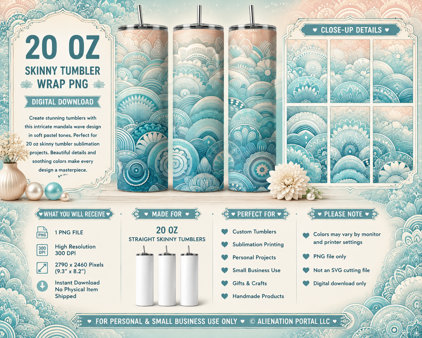 Pastel Mandala Scallop Tumbler Wrap PNG, 20oz Skinny Tumbler Sublimation Design, Boho Coastal Pattern Cup Wrap, Instant Digital Download.png