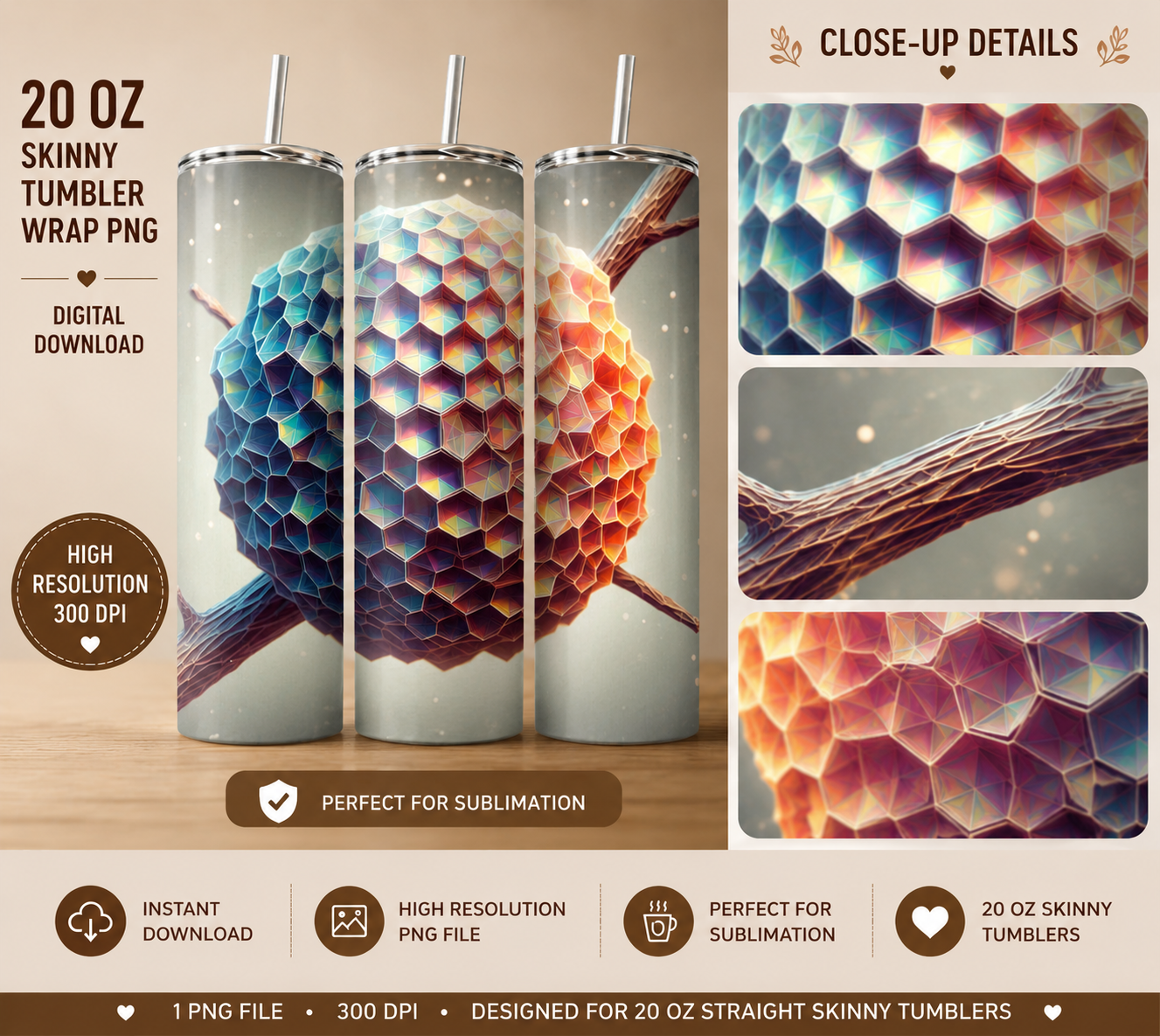 Light Background Low Poly Honeycomb Tumbler Wrap PNG, 20 oz Skinny Tumbler Sublimation Design, Iridescent Geometric Tumbler Wrap, Digital Download