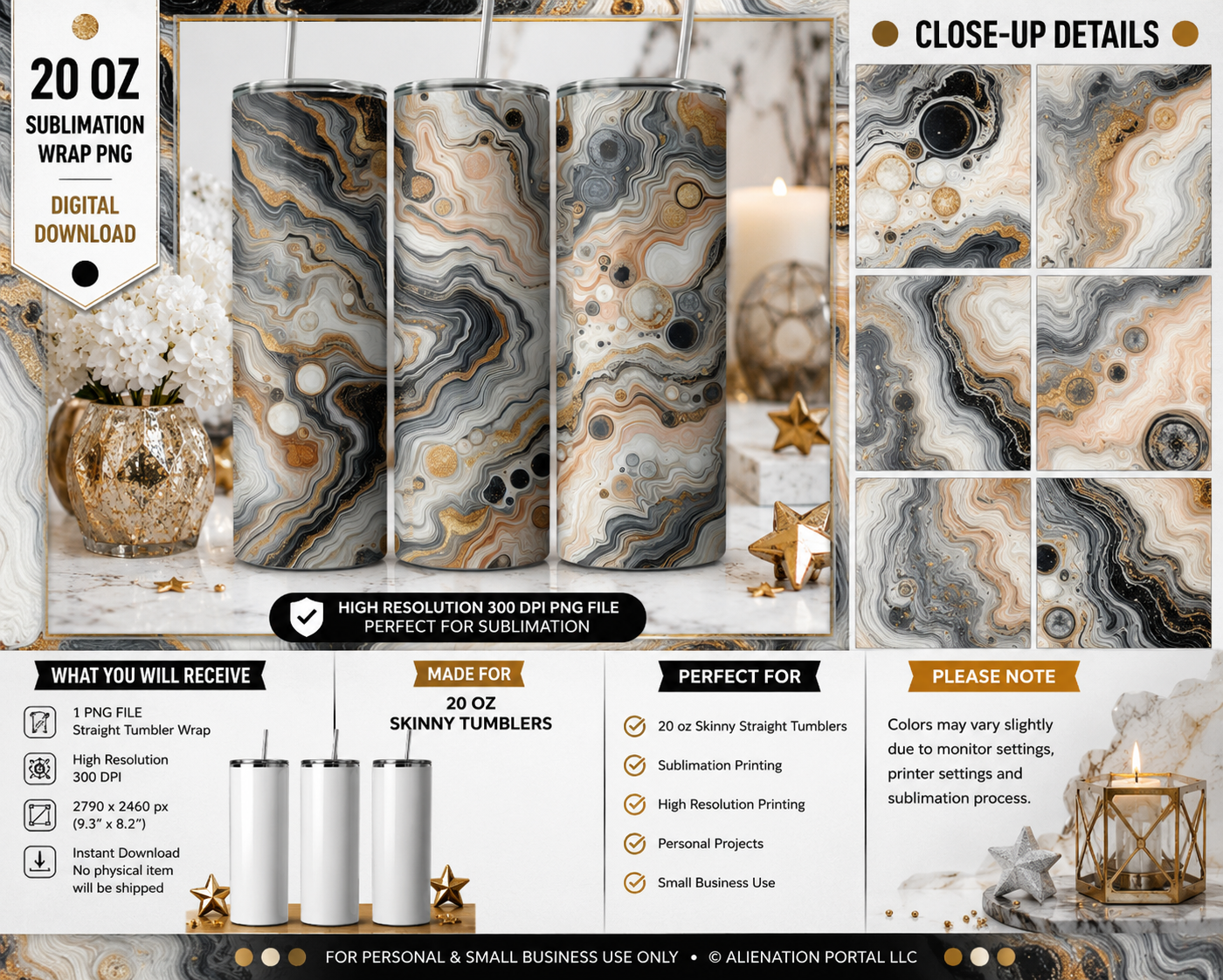 Neutral Geode Marble Tumbler Wrap PNG | Beige Black Gold Agate 20 oz Sublimation Design