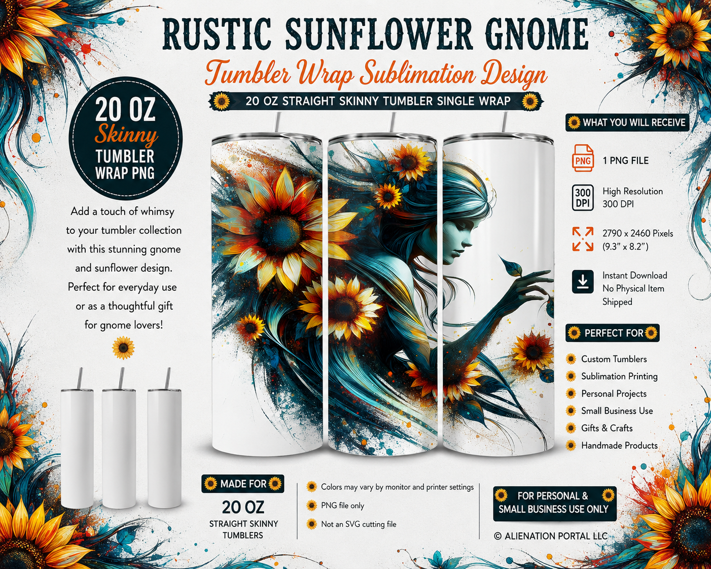 Mystic Sunflower Goddess Tumbler Wrap PNG, 20oz Skinny Sublimation Design, Boho Floral Woman Art Tumbler Wrap, Instant Digital Download