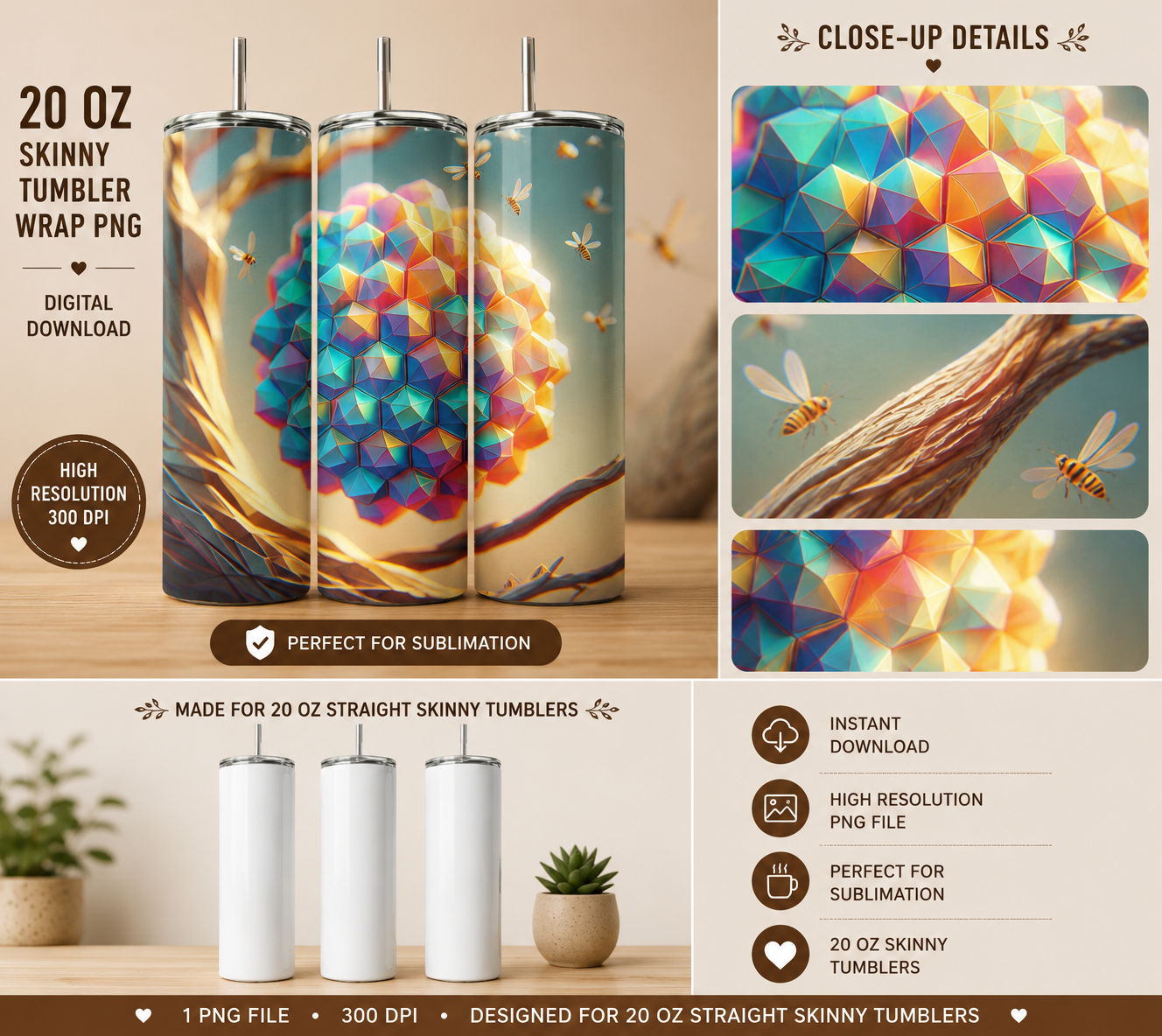 Low Poly Iridescent Honeycomb Tumbler Wrap PNG | 20 oz Skinny Tumbler Sublimation Design | Colorful Geometric Bee Hive Digital Download