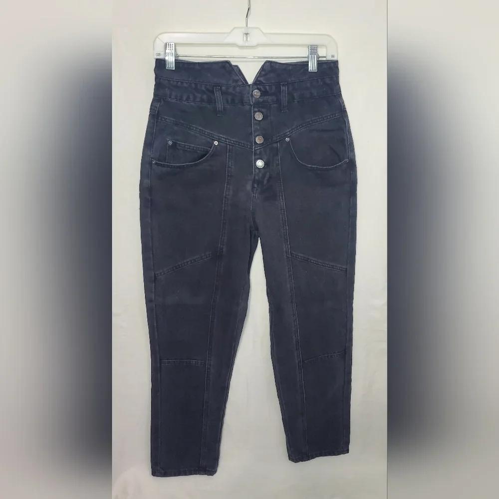 Pre-Owned Women Super High Waisted Carpenter Jeans Denim Straight Leg Black Size 27