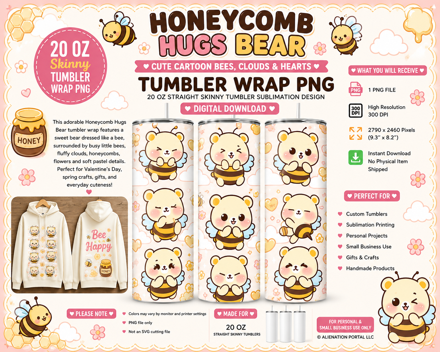 Bee Bear Bliss Tumbler Wrap PNG  Cute Kawaii Honey Bears & Pastel Hearts 20 oz Skinny Sublimation Design Instant Download.png