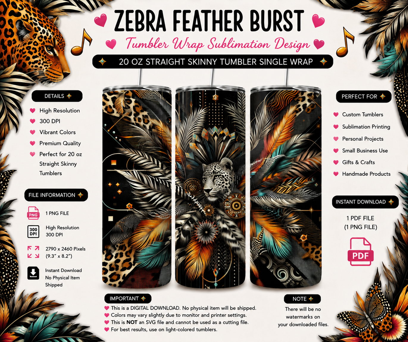 Tropical Zebra Feather Wrap PNG | 20 Oz Skinny Tumbler Sublimation