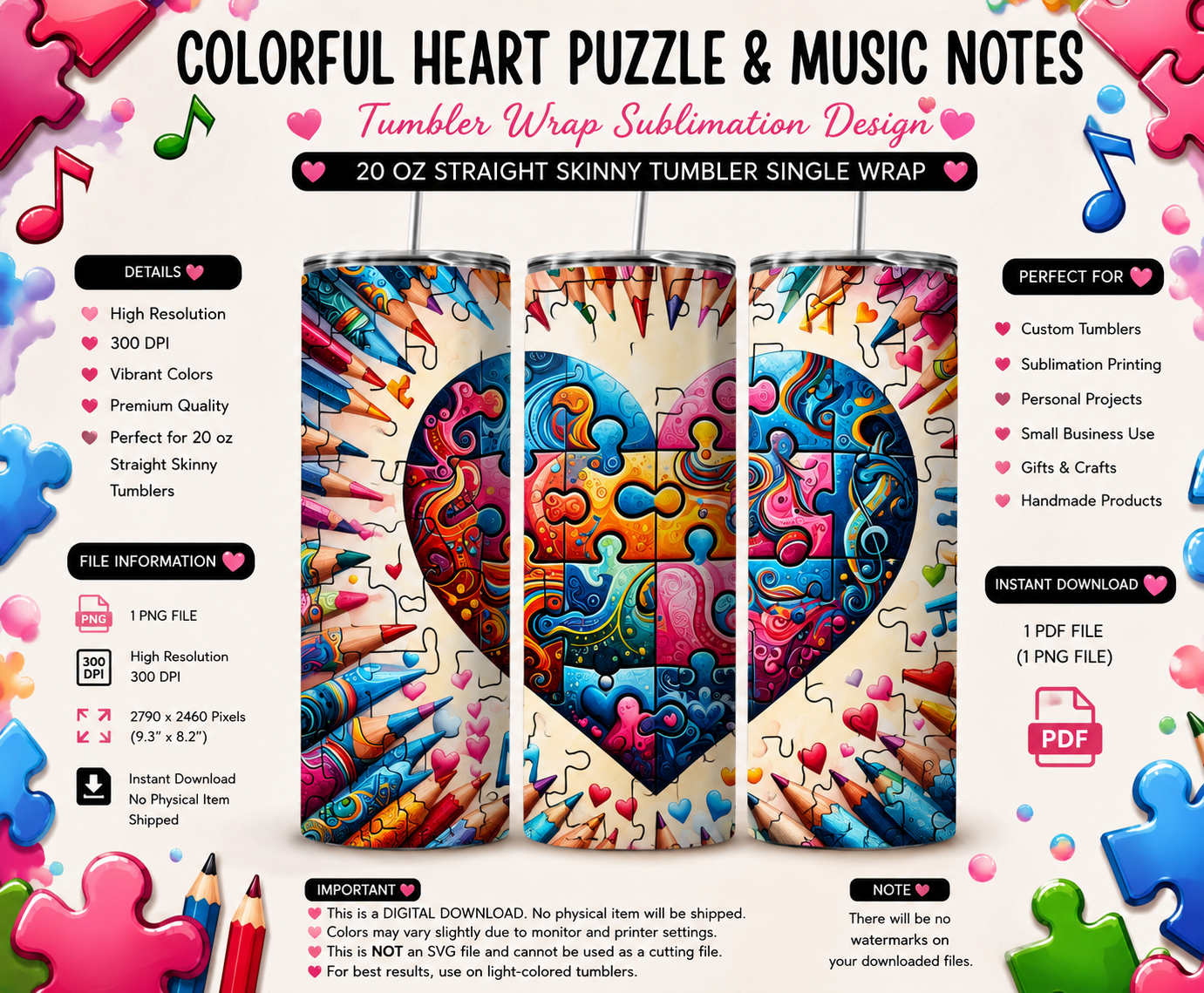 Colorful Heart Puzzle & Music Notes Tumbler Wrap PNG – 20 Oz Skinny Sublimation Design with Pencils, Autism Awareness Inspired Digital Download