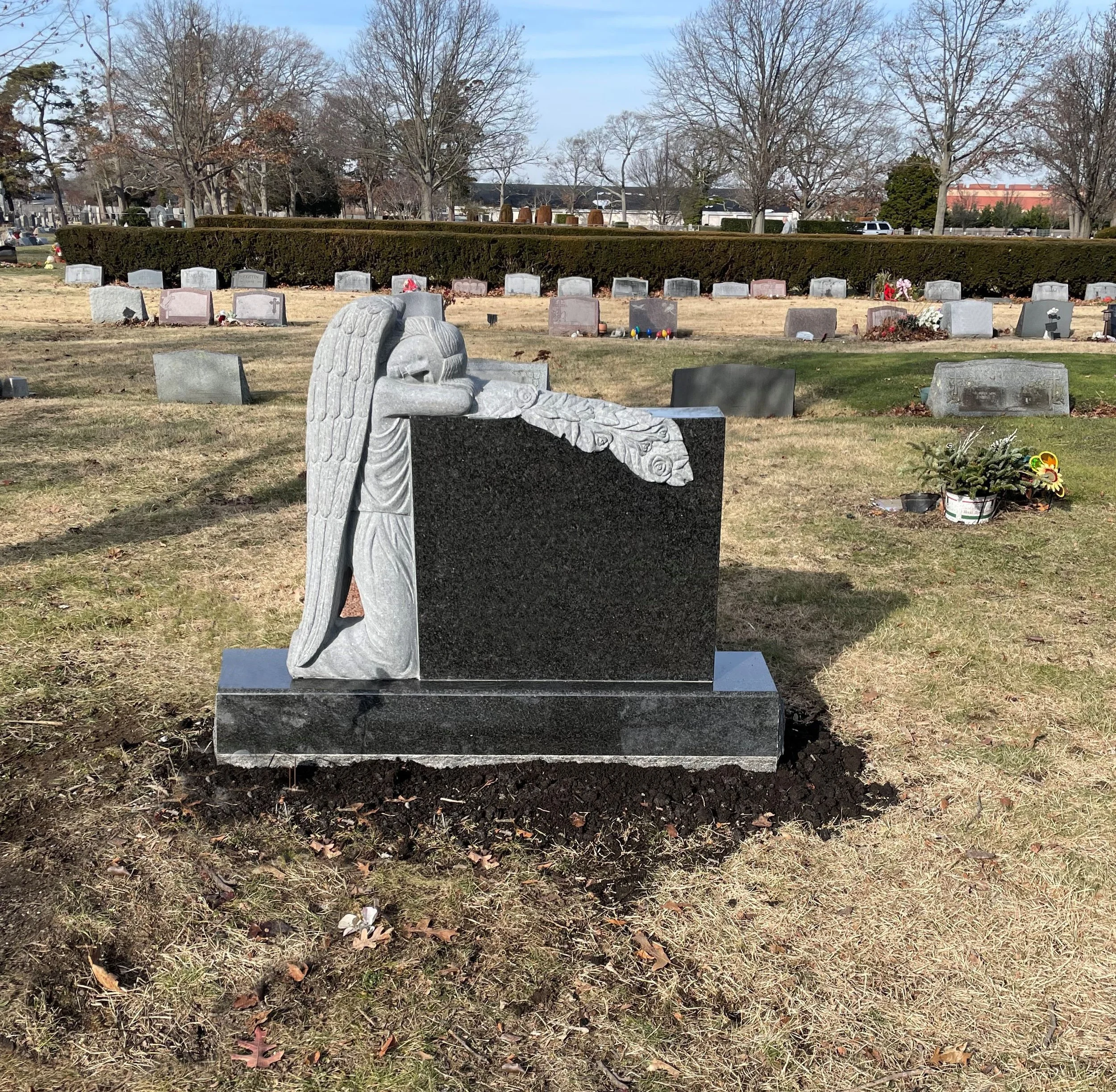 A cemetery with various headstones and a carved angel monument in the foreground. Barriers of trimmed bushes and leafless trees are visible in the background, along with a few parked cars.