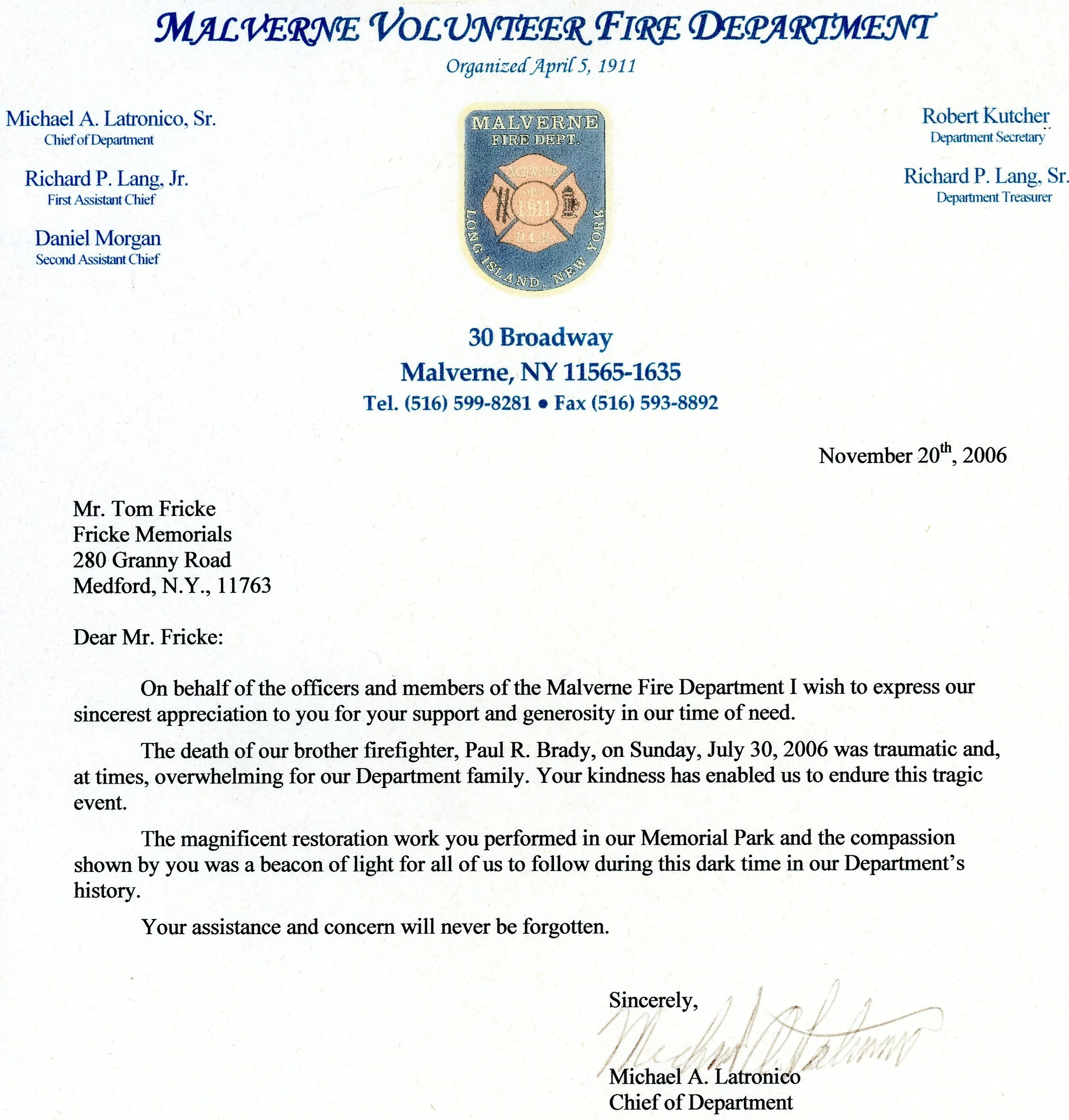 Official letter from the Malverne Volunteer Fire Department, organized April 5, 1911, dated November 20, 2006, expressing thanks for support during a tragic event involving firefighter Paul R. Brady. The letter includes contact information and refere