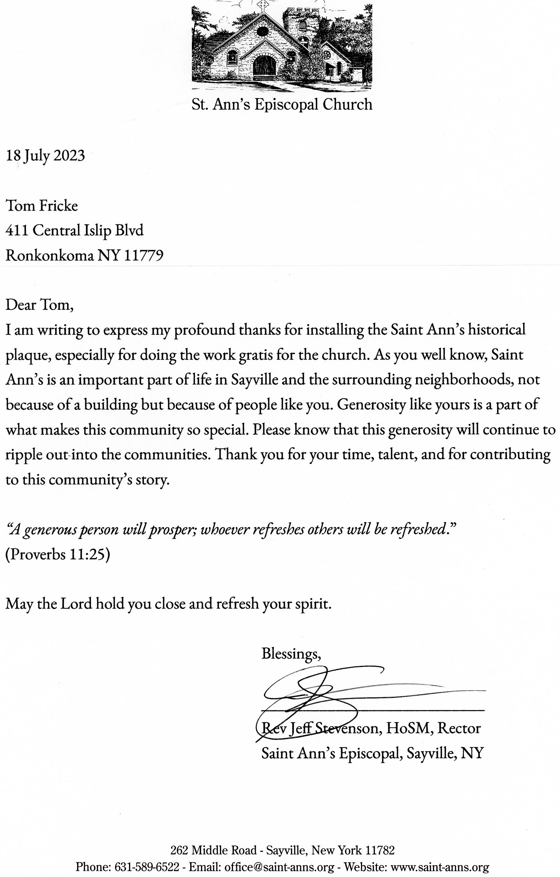 Letter of appreciation from St. Ann's Episcopal Church signed by Rev Jeff Stevenson, thanking Tom Fricke for installing a historical plaque, dated July 18, 2023, with a drawing of the church building at the top.