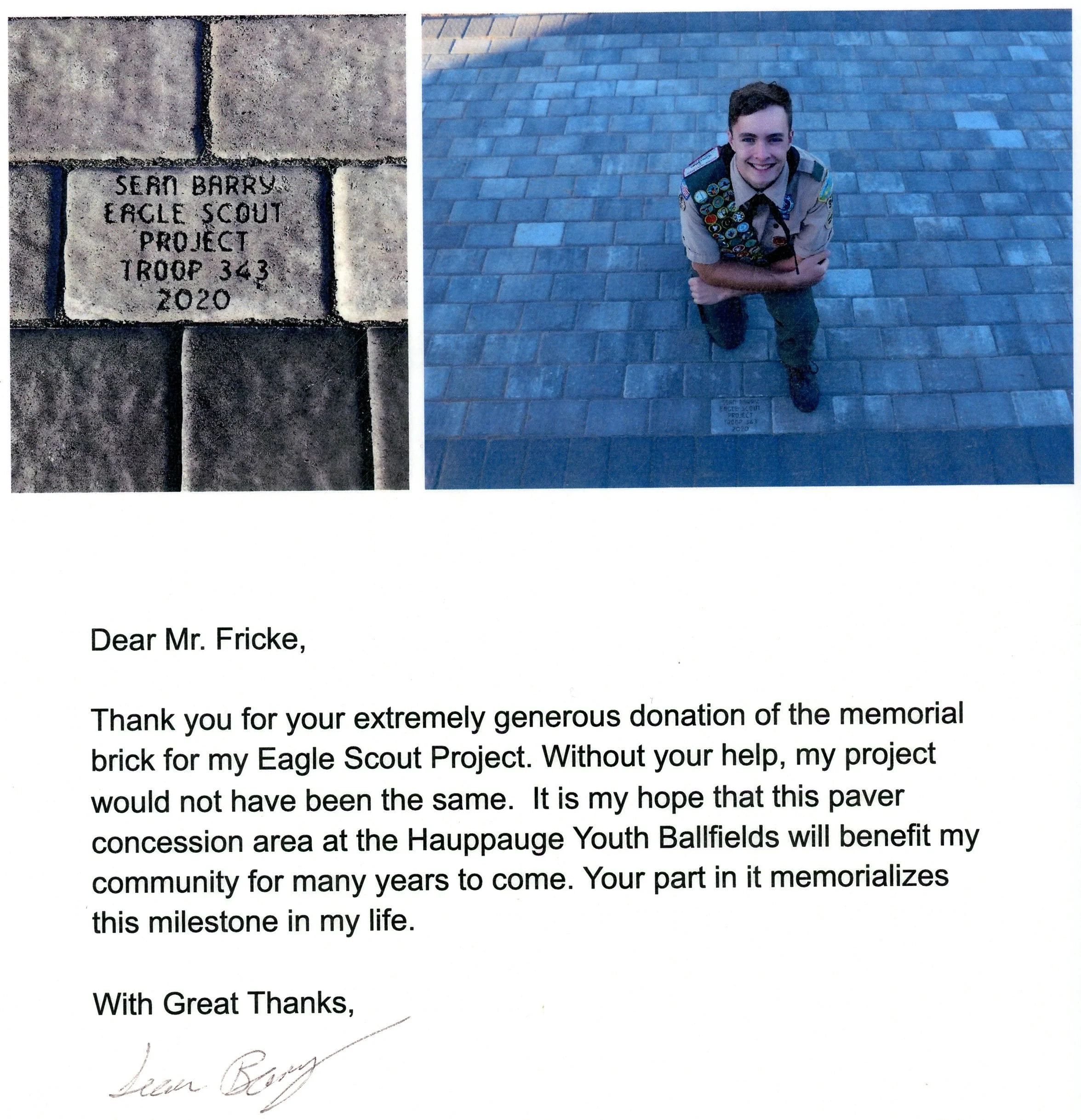 Left side shows a brick with engraved text commemorating Sean Barry and the Eagle Scout Project in 2020. Right side features a young man in a Boy Scout uniform with multiple badges, kneeling on a brick-paved surface and smiling up at the camera.