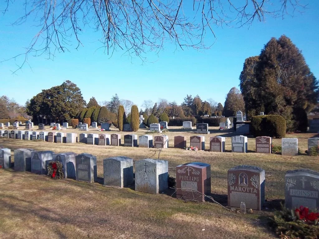 A cemetery with multiple rows of headstones, some decorated with flowers, surrounded by trees and bushes under a clear blue sky.