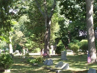 A cemetery with gravestones surrounded by trees and American flags.