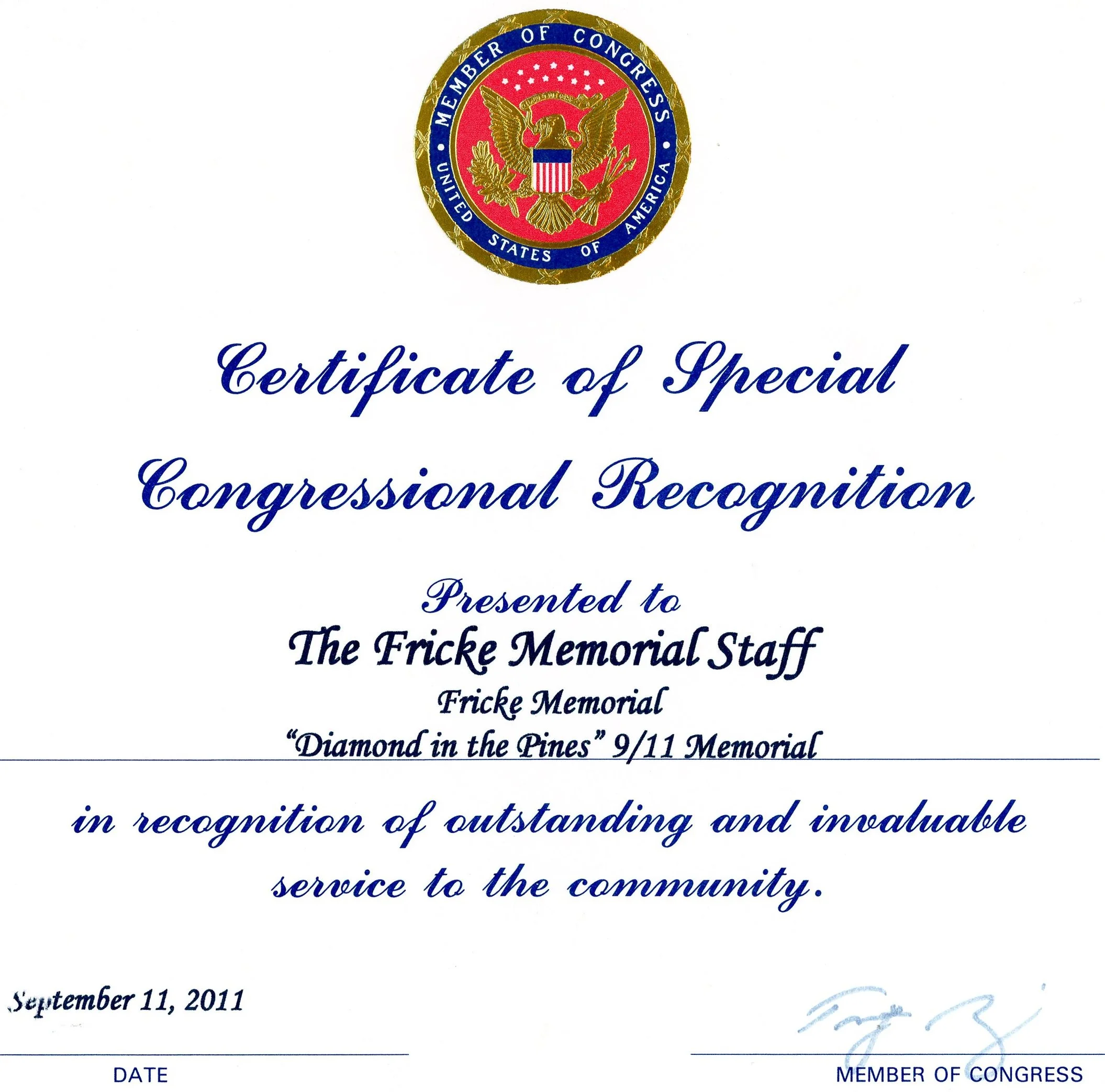 Certificate of Recognition issued by the Member of Congress, featuring a circular emblem with an eagle and American flag motif, and text acknowledging service and achievement, dated September 11, 2011.