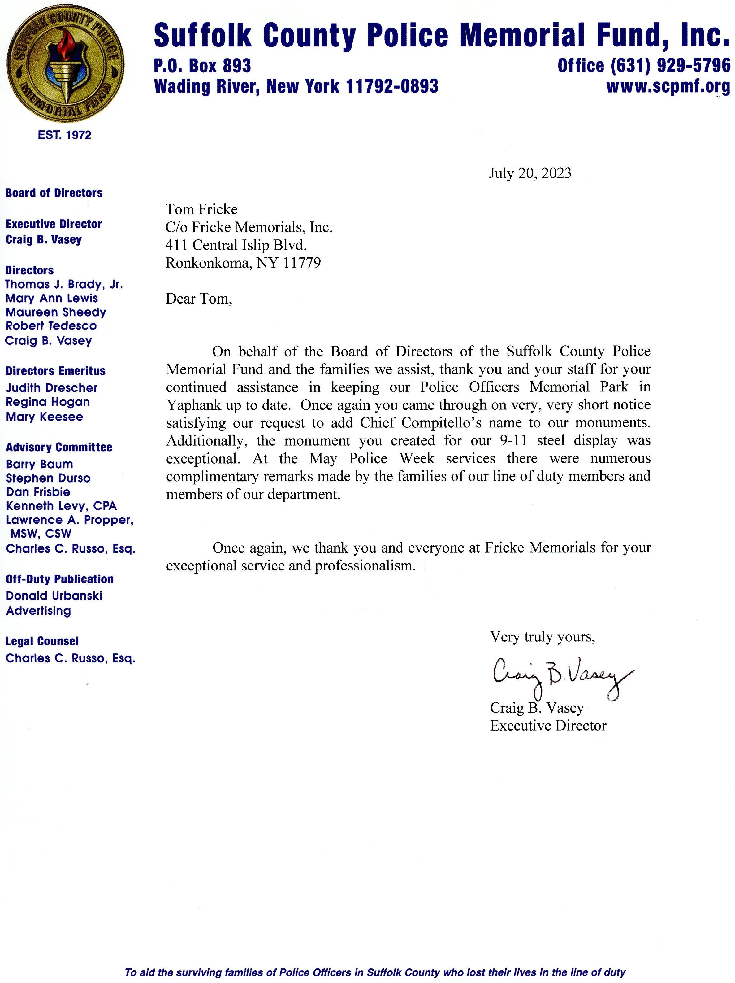 Letter from Suffolk County Police Memorial Fund expressing gratitude to Craig B. Vasey and staff for support, with a seal of the Suffolk County Police Memorial Fund at the top left.