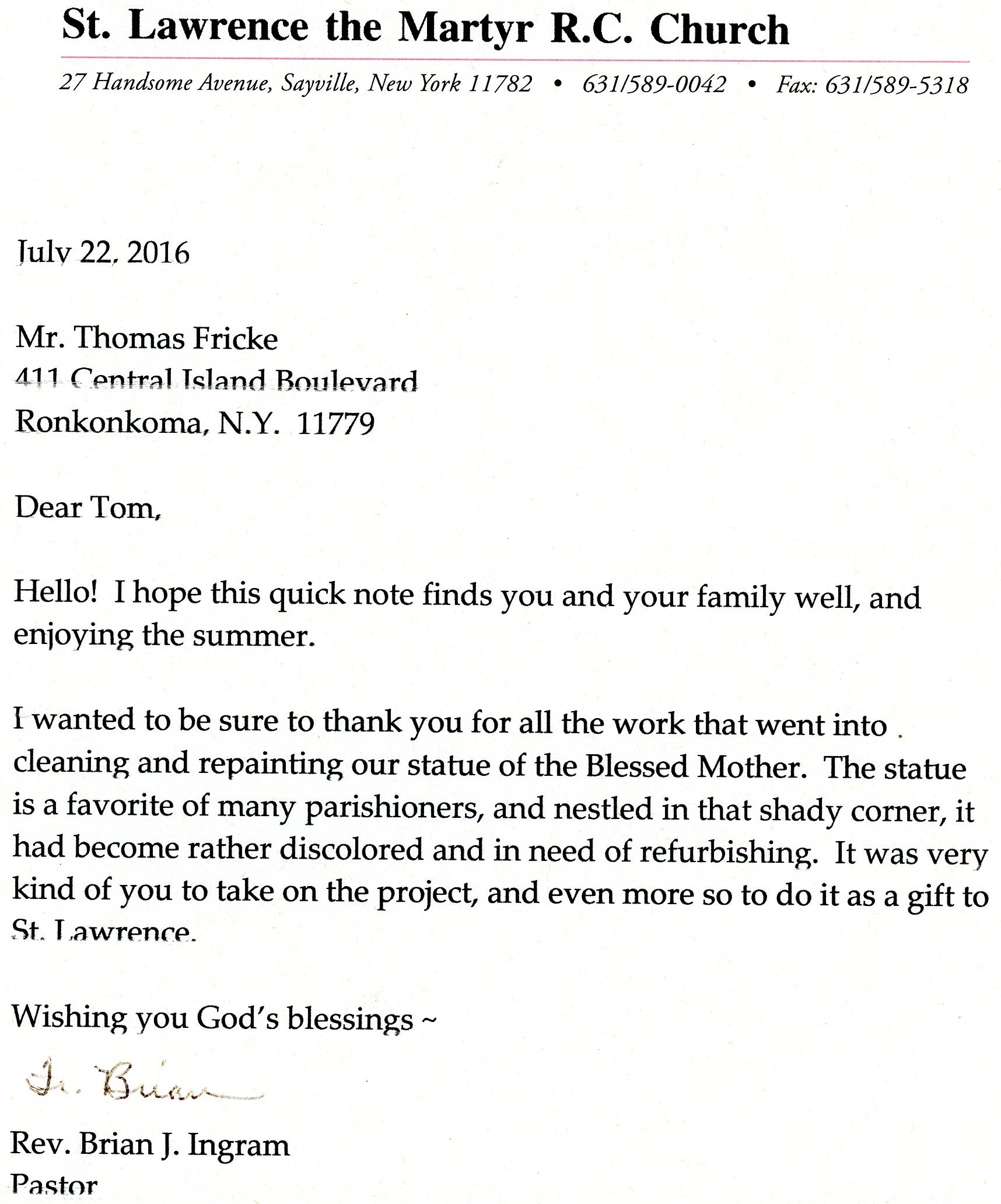 Letterhead from St. Lawrence the Martyr Roman Catholic Church, including address at 27 Handsome Avenue, Sayville, NY, and contact information. The letter is dated July 22, 2016, and is addressed to Mr. Thomas Fricke. It contains a message of gratitud