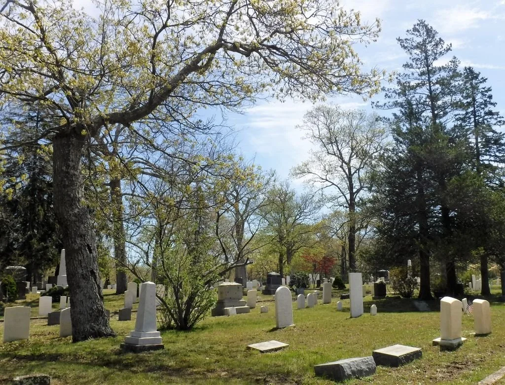 A cemetery with numerous headstones of various shapes, surrounded by trees with budding leaves, under a partly cloudy sky.