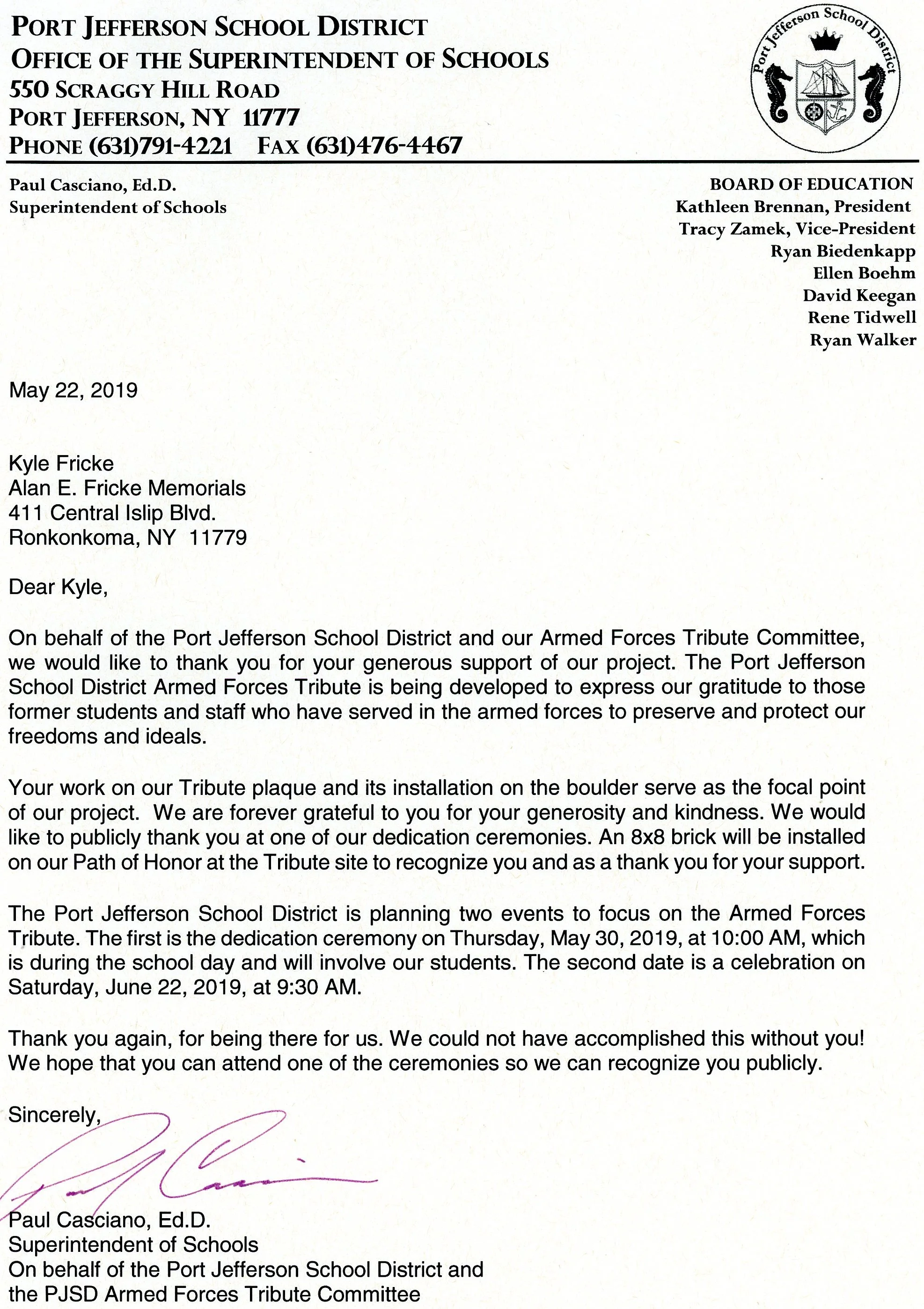 Letter from the Port Jefferson School District, dated May 22, 2019, thanking Kyle Fricke for support of a tribute project honoring armed forces veterans, with a district seal featuring a ship, seahorses, and shield.