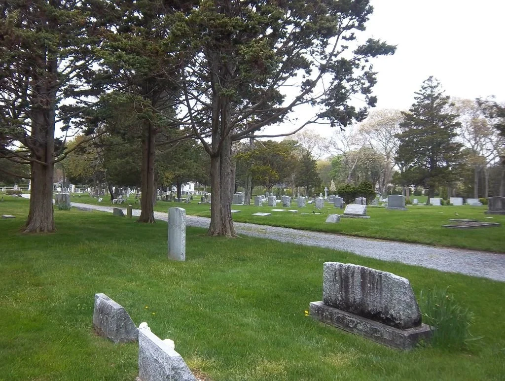 Grey stones throughout cemetery, green grass, and trees with foliage