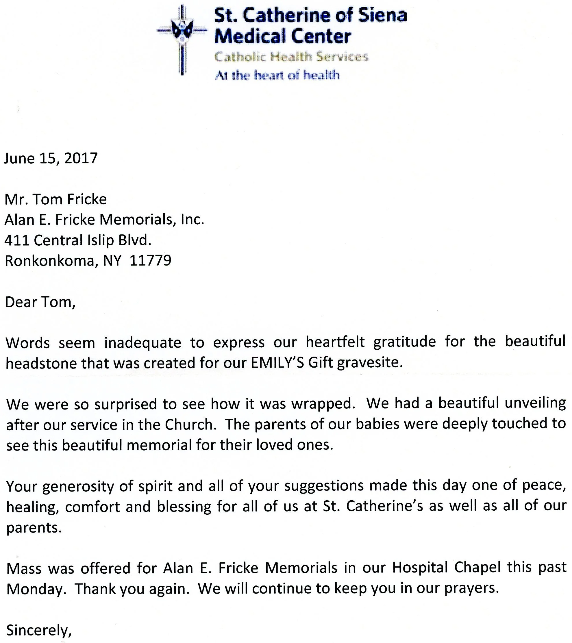 Letter from St. Catherine of Siena Medical Center expressing gratitude for a headstone and recounting a memorial event, dated June 15, 2017.