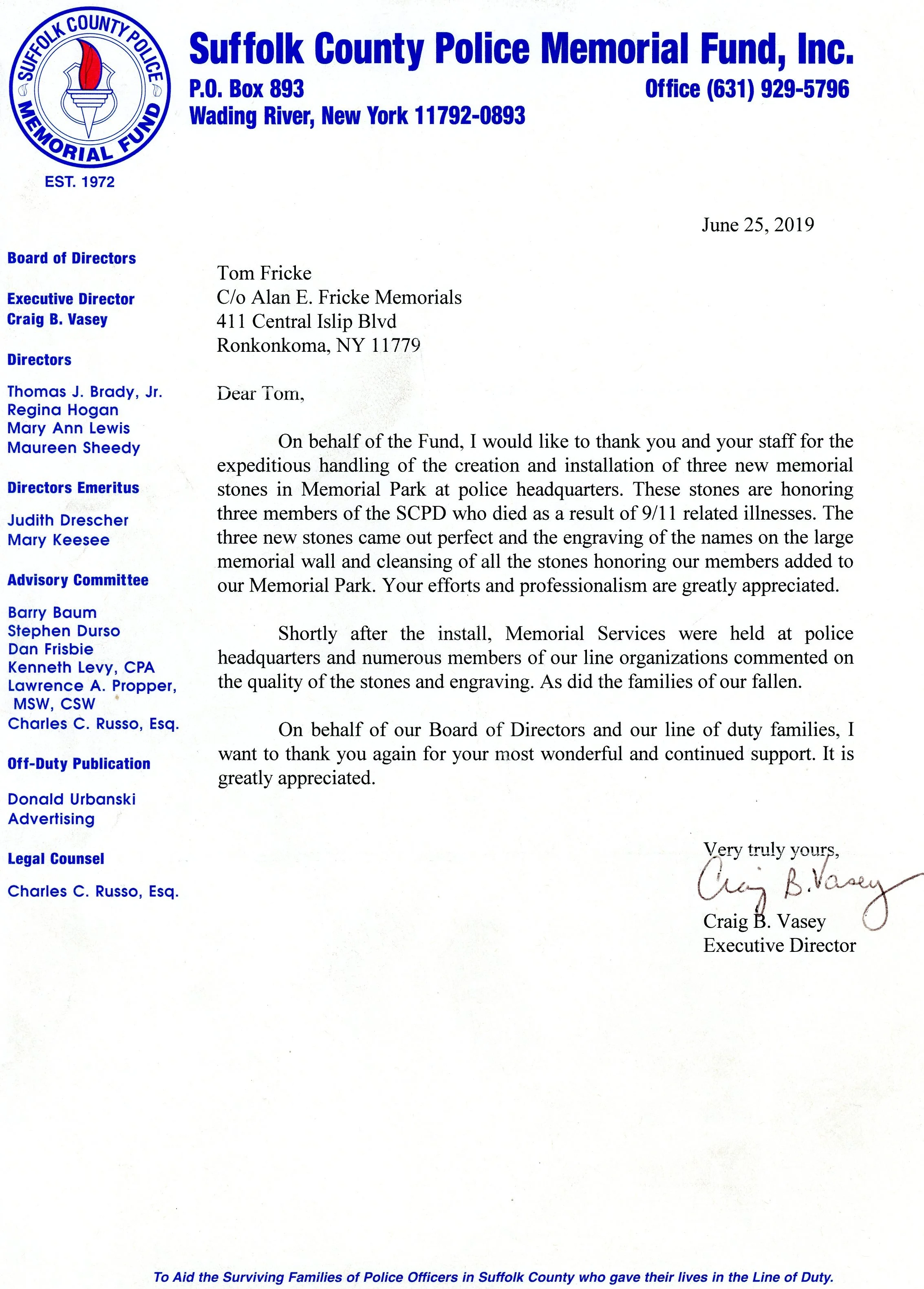 Letter from Suffolk County Police Memorial Fund, Inc. dated June 25, 2019, expressing gratitude for the installation of memorial stones honoring fallen police officers; signed by Craig B. Vasey.
