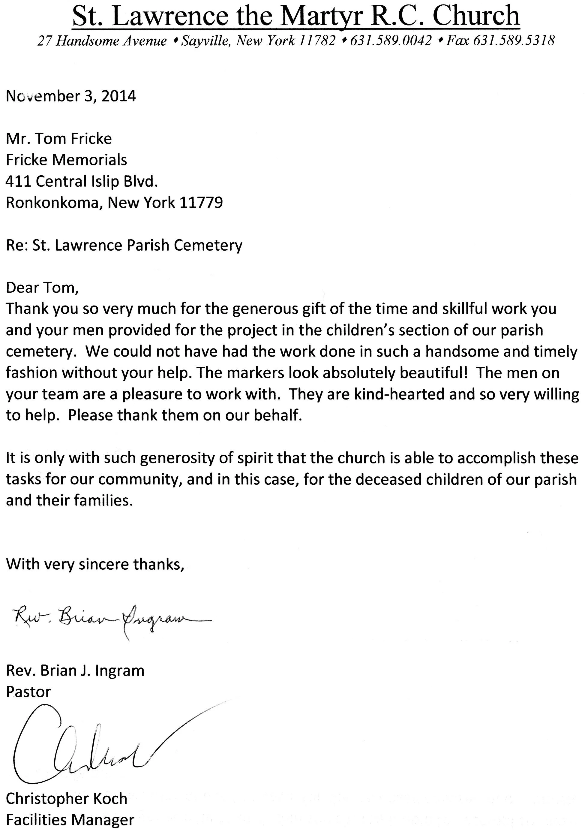 Letterhead from St. Lawrence the Martyr R.C. Church, dated November 3, 2014, addressed to Mr. Tom Fricke at Fricke Memorials. The letter expresses gratitude for work done at the church's children's section in the cemetery, signed by Rev. Brian J. Ing