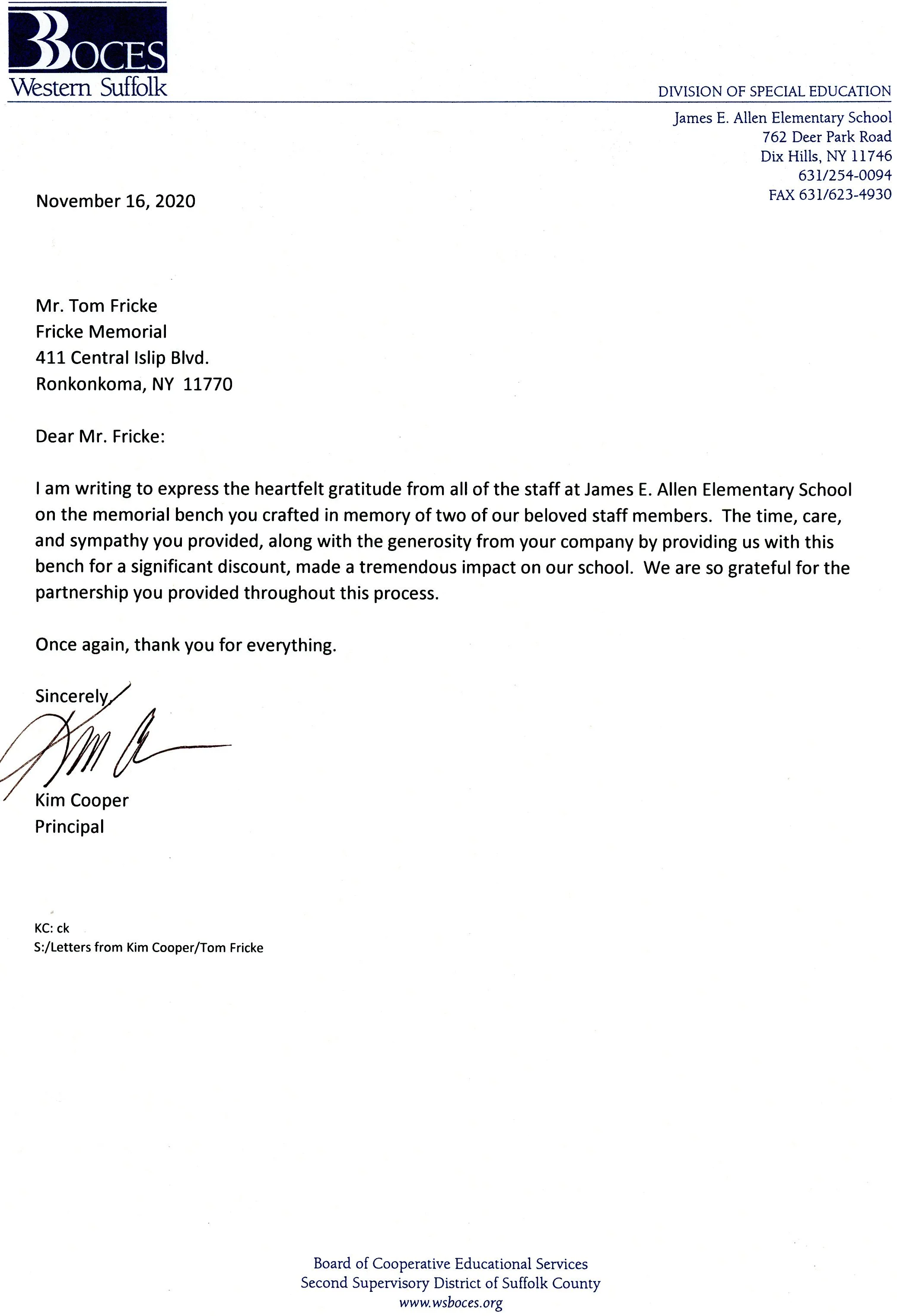 A letter from the Board of Cooperative Educational Services in Western Suffolk, dated November 16, 2020, addressed to Mr. Tom Fricke of Fricke Memorial, expressing gratitude for a donated memorial bench. The letter is signed by Kim Cooper, Principal.