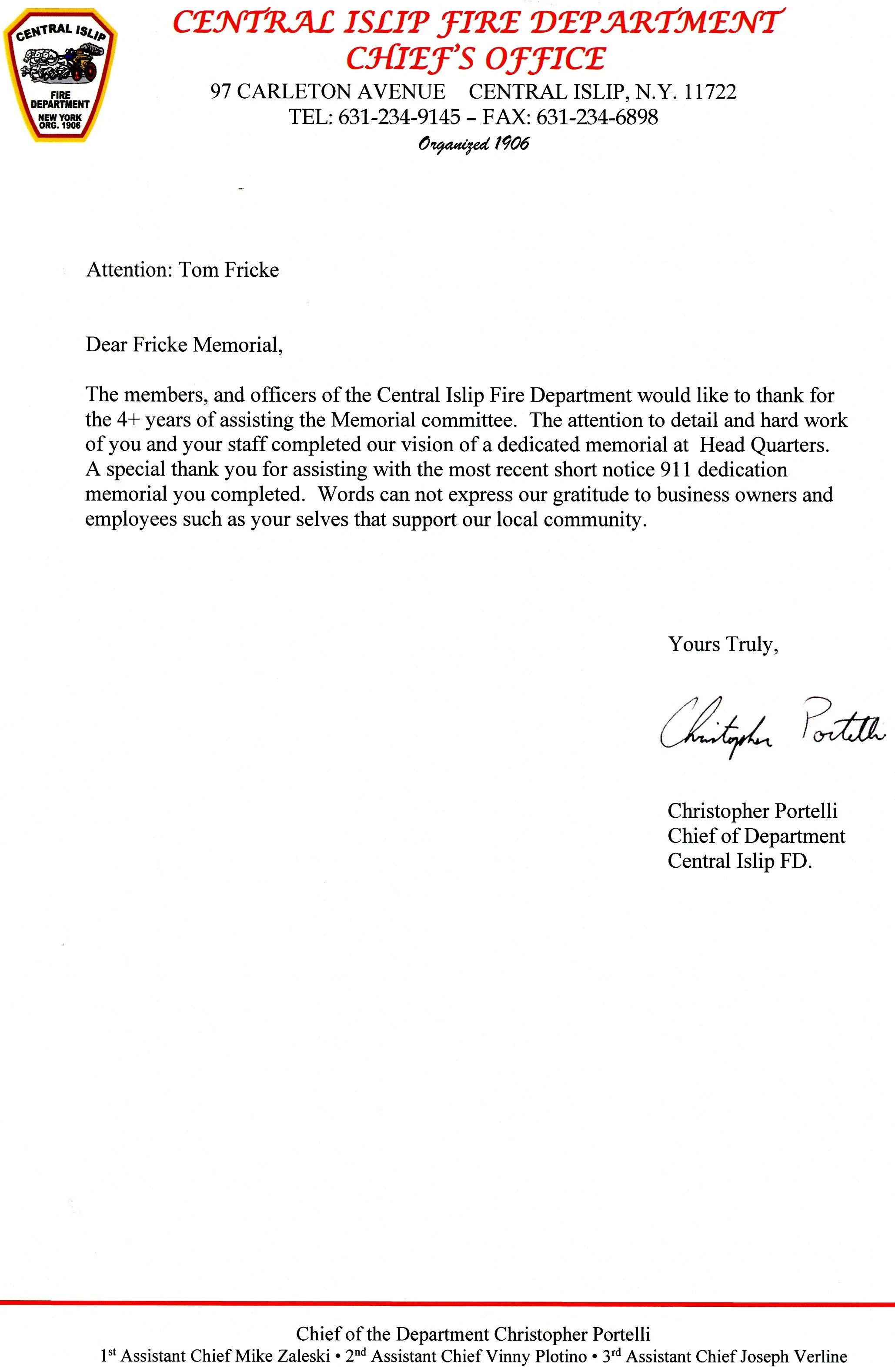 Official letter from the Central Islip Fire Department Chief's Office, signed by Christopher Portelli, with the department's logo in the top left corner.