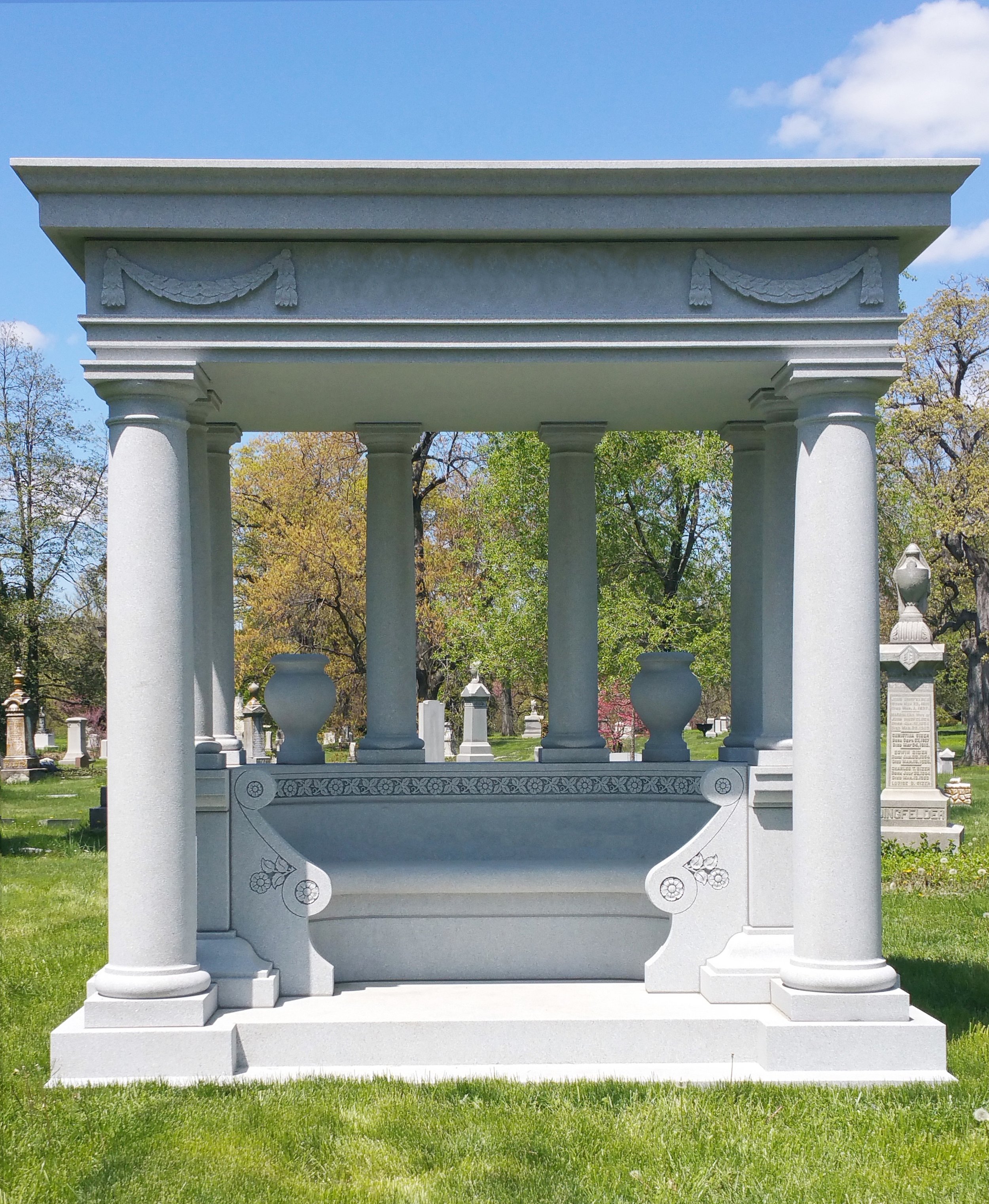 Barre Grey Estate Monument with Interior Bench, Urns and Hand Carved Flowers