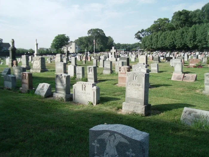 rows of grave stones with crosses and hand carvings. flag pole in background and large cross monument